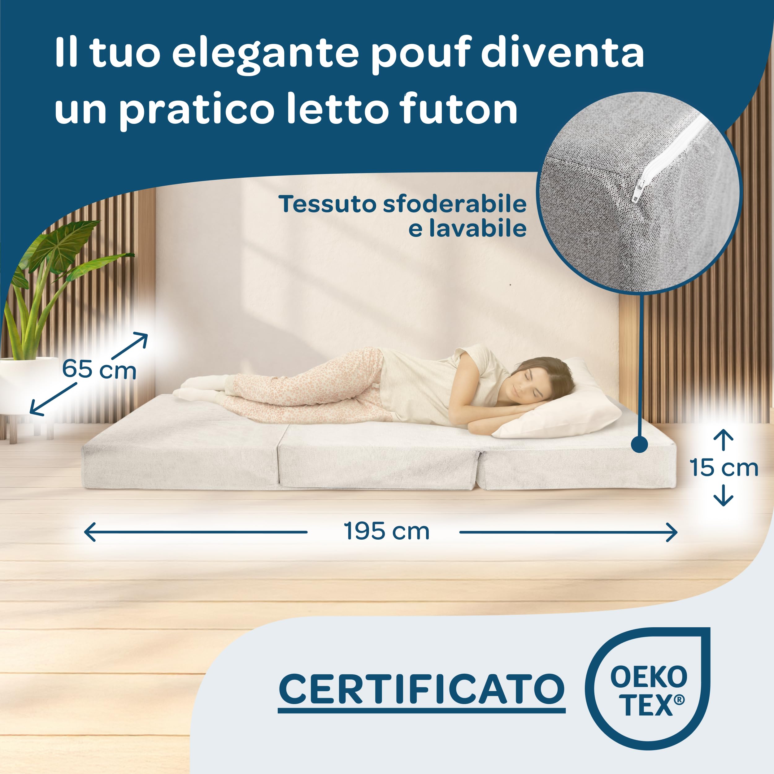 DOLCI SOGNI Pouf Letto Singolo Materasso Salvaspazio, Richiudibile Futon Pieghevole 66x66x45 Aperto 65x195x15, Microfibra Grigio - 100% Made in Italy
