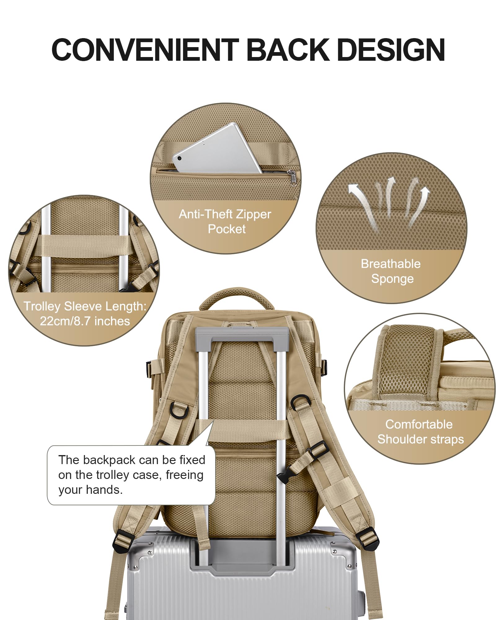 Zaino da Viaggio per Easyjet 45x36x20 Bagaglio a Mano Zaino Borse da Cabina per Ryanair Il Sedile Zaino Aereo Bagaglio a Mano Donna Borsa Cabina Viaggio Zaino Travel Viaggio Casual Daypack,A18 Cachi