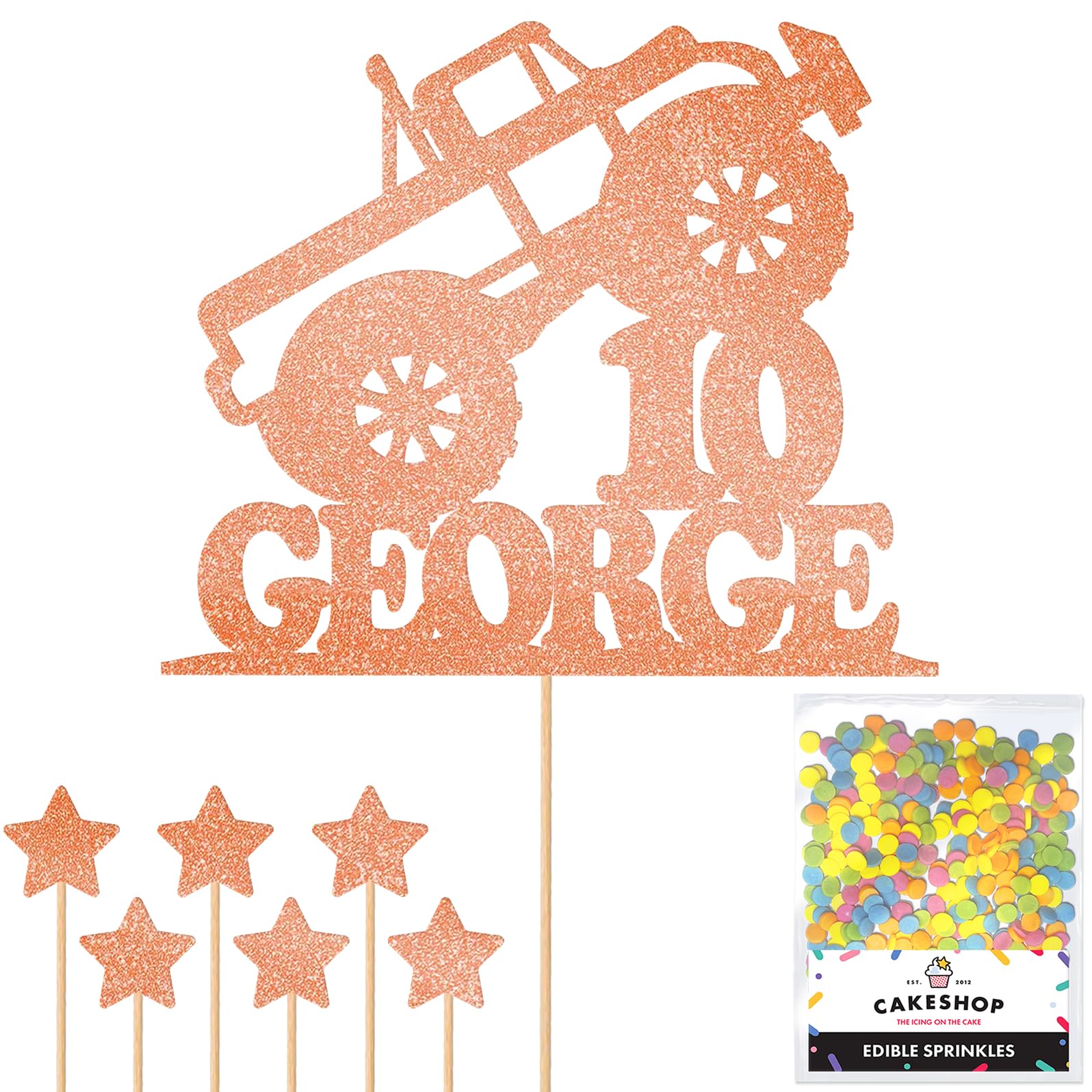 Personalised Monster Truck Glitter Cake Topper- Rose Gold Any Custom Age & Name Glitter Cake Decoration and Sprinkles - Happy Birthday Decorations - Personalised Toppers for Cakes by Cakeshop