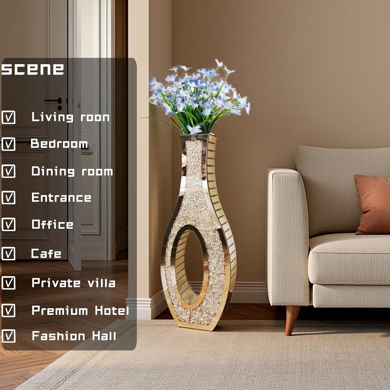 30" Tall Double Sided Crushed Diamond Floor Vases, Large Mirrored Sliver Crystal Vase for Living Room, Floor Vases Decorative Tall for Home,Office,Hotel(11.8" L x 4.8" W x 30" H)