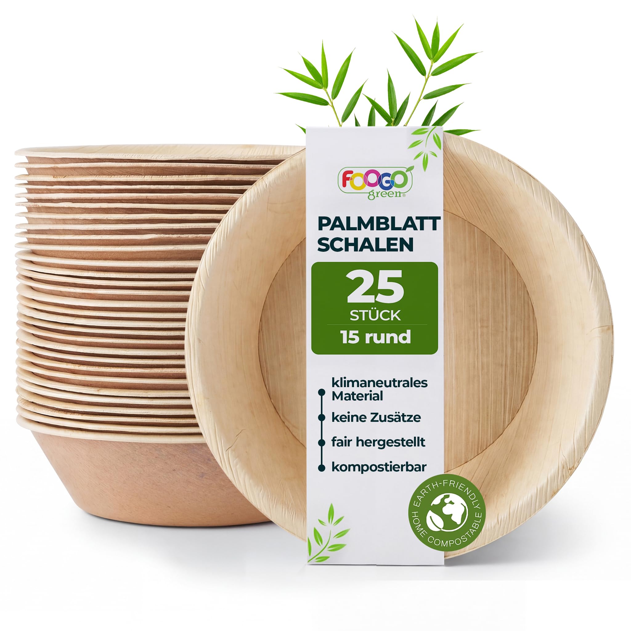 FOOGO Green Palmblatt-Schalen 25 Stück, Einwegschüsseln 300 ml Ø 15 cm