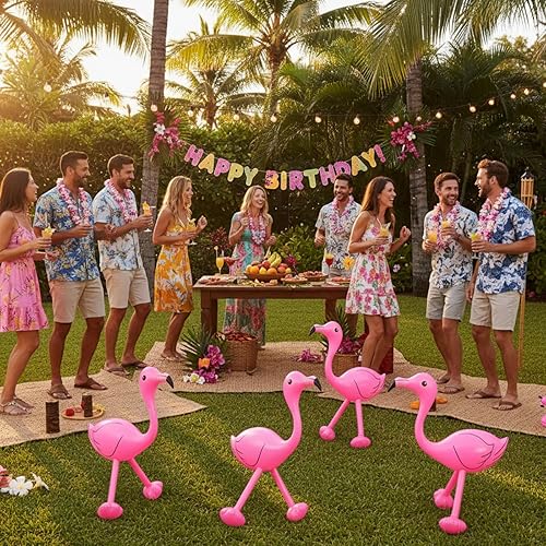 Miniatura 4 de Yaomiao Accesorios inflables de fiesta de cumpleaños de flamenco rosa para verano, playa, Luau, decoración de fiesta hawaiana para interiores y