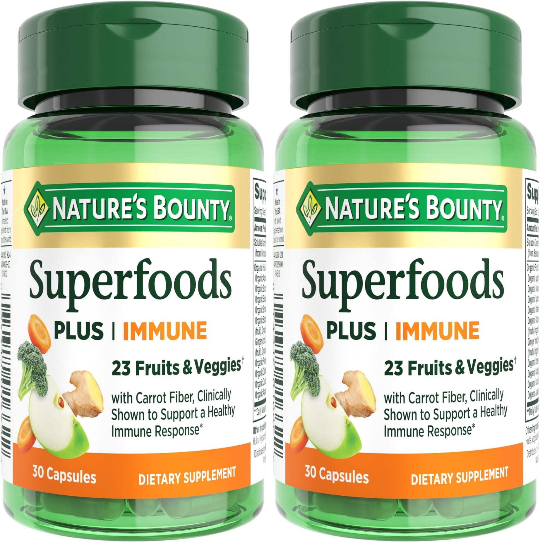 Nature's Bounty Superfoods Plus Immune for Immune Support Plus Fruits and Vegetables Supplement, Superfood, 30 Capsules (Pack of 2) 30 Count (Pack of 2)