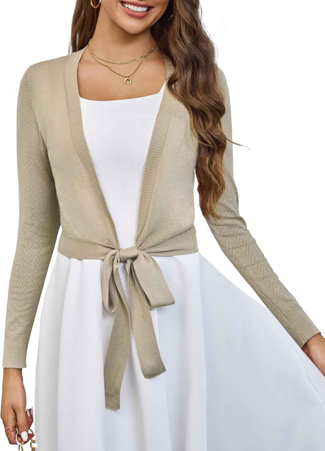 VOIANLIMO Women's Cardigan Knit Sweaters Long Sleeve Cropped Tie Front Bolero Shrug for Dresses S-XL - Image 2