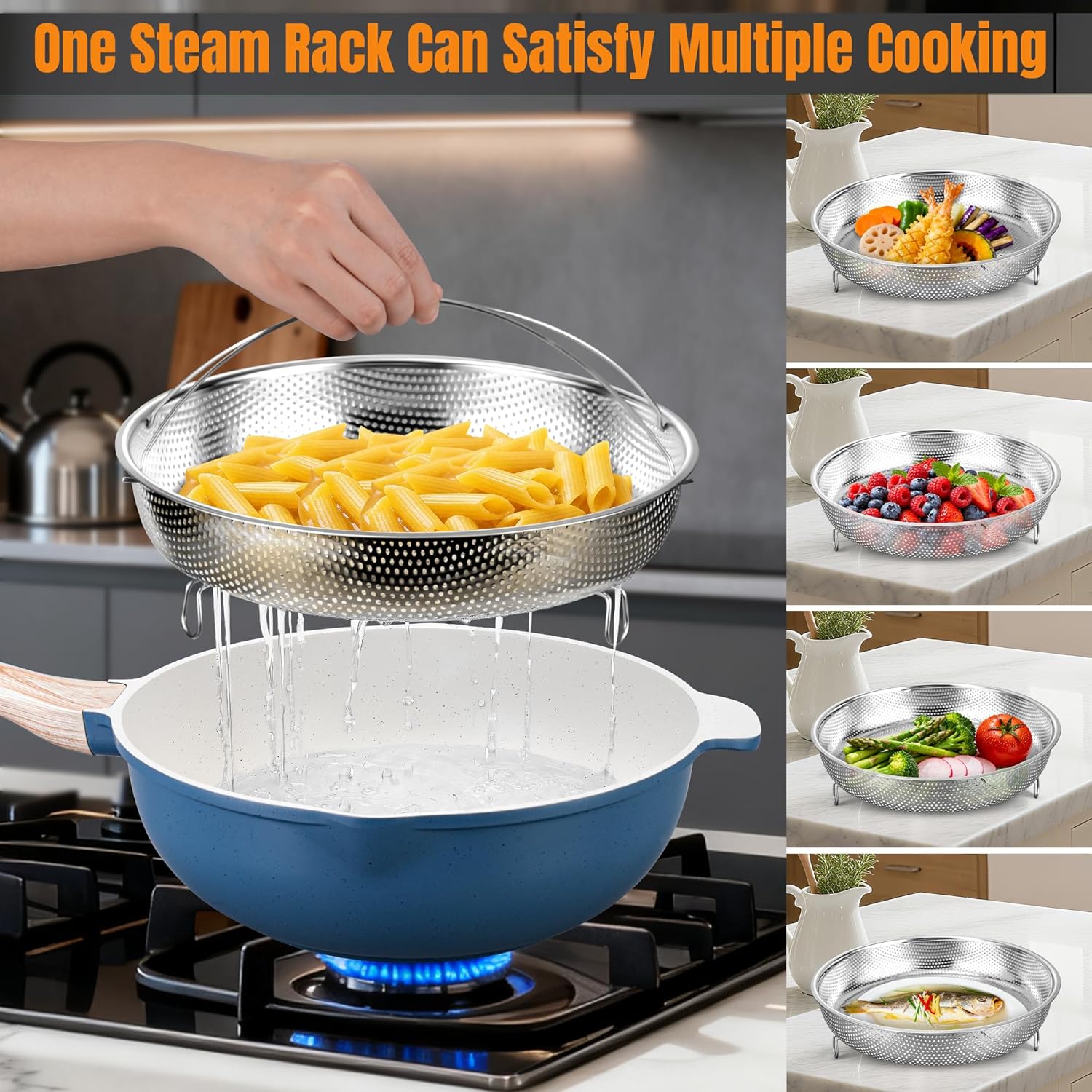 AOSION 11 Inch Nonstick Ceramic Deep Frying Pan Skille with Lid,5QT Sauté Pan for Cooking with Steam Rack,Healthy Large Skillet,Stay Cool Handle, Induction Compatible, PFOA & PFAS Free. (BLUE)