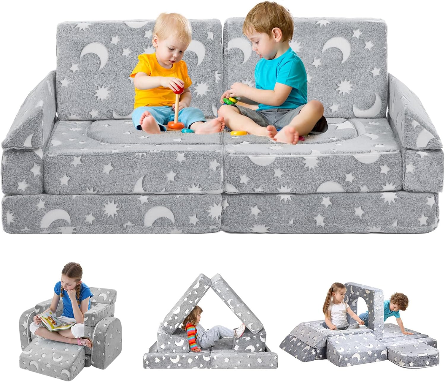 ALIMORDEN 11Pcs Kids Modular Couch, Children Play Sofa, Creative Foam Couch for Playroom, Glow-in-The-Dark Moon&Star Parten