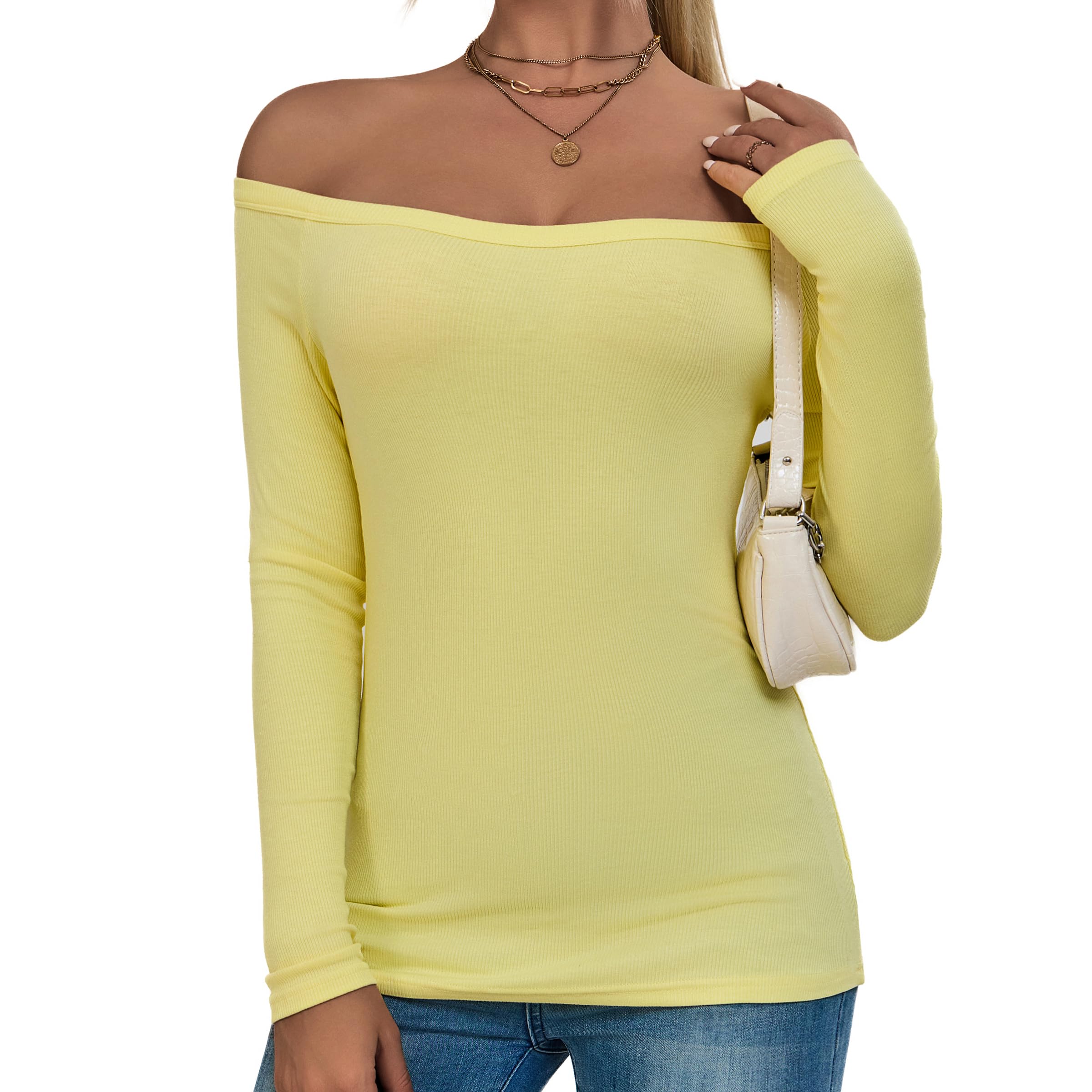 ACANI Off The Shoulder Tops for Women - Ribbed T-Shirt Basic Trendy Lightweight Shirts, Yellow, M