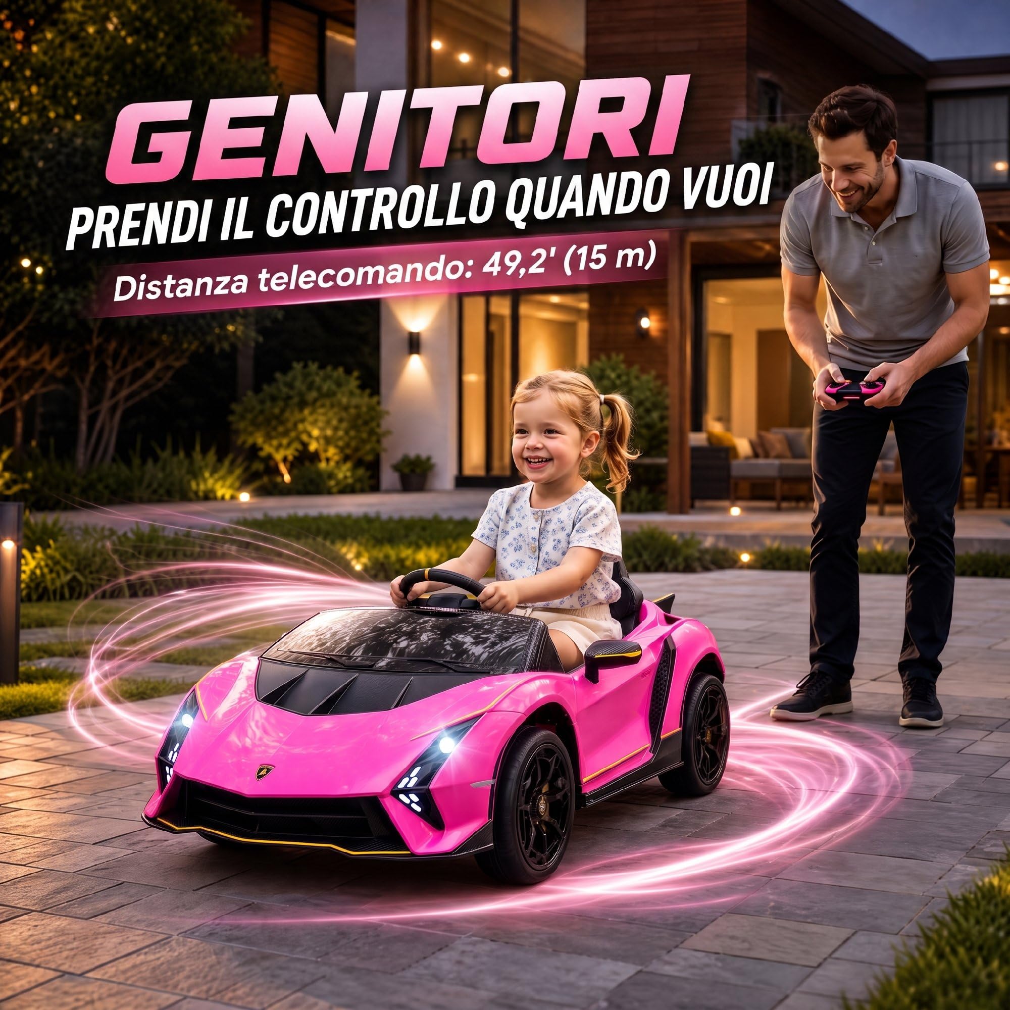 AIYAPLAY Macchina Elettrica per Bambini 3-6 Anni 12V Lamborghini Autentica, 3-5km/h Auto Elettrica per Bambini con 2 Motori, Porta a Forbice, Sospensioni, Fari, Musica, Telecomando, Cintura, Rosa