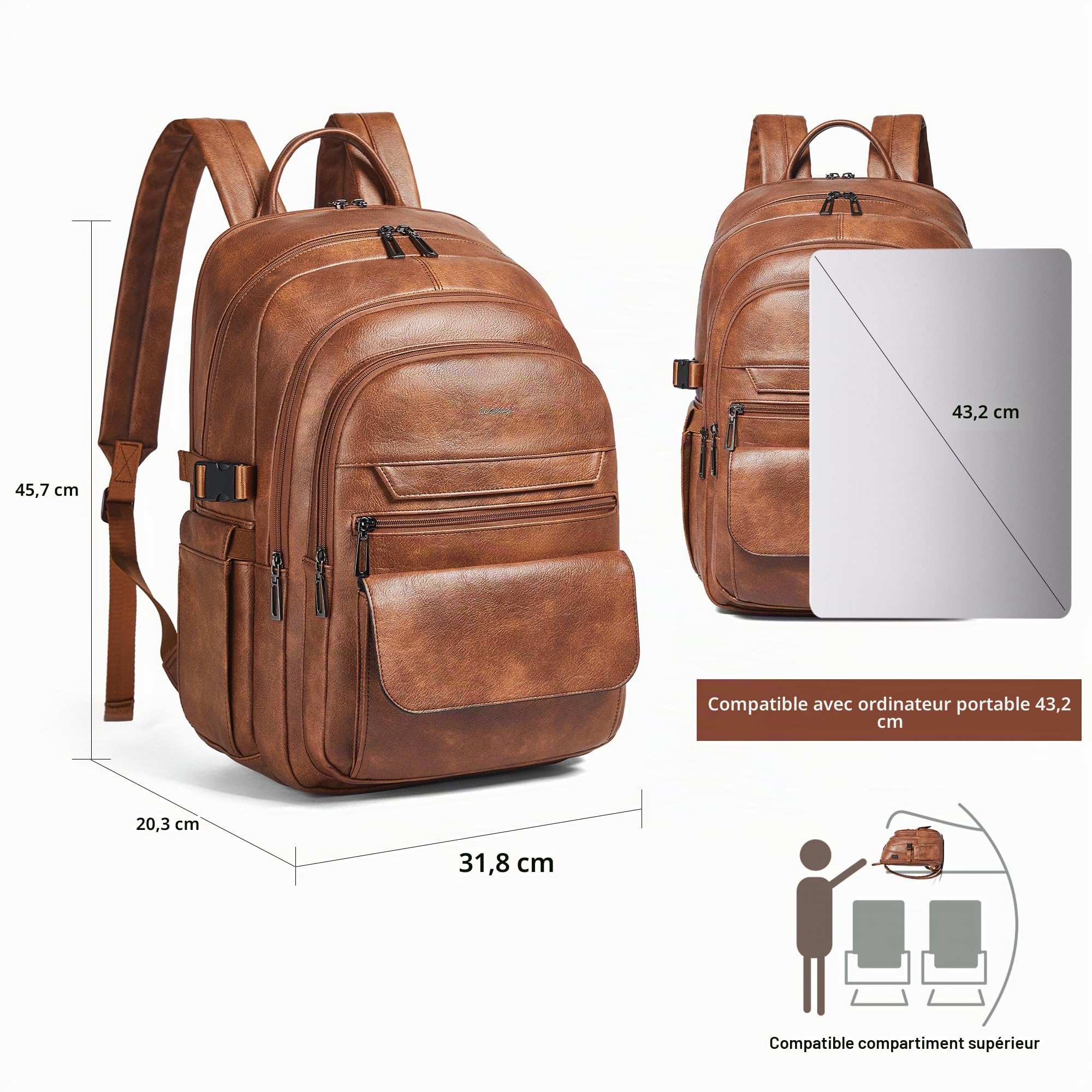 Sac à Dos en Cuir Végan Homme et Femme, Compatible avec Ordinateur 17 Pouces, Bagage Cabine avec Port USB et Sangle Valise, Design Élégant, Brown