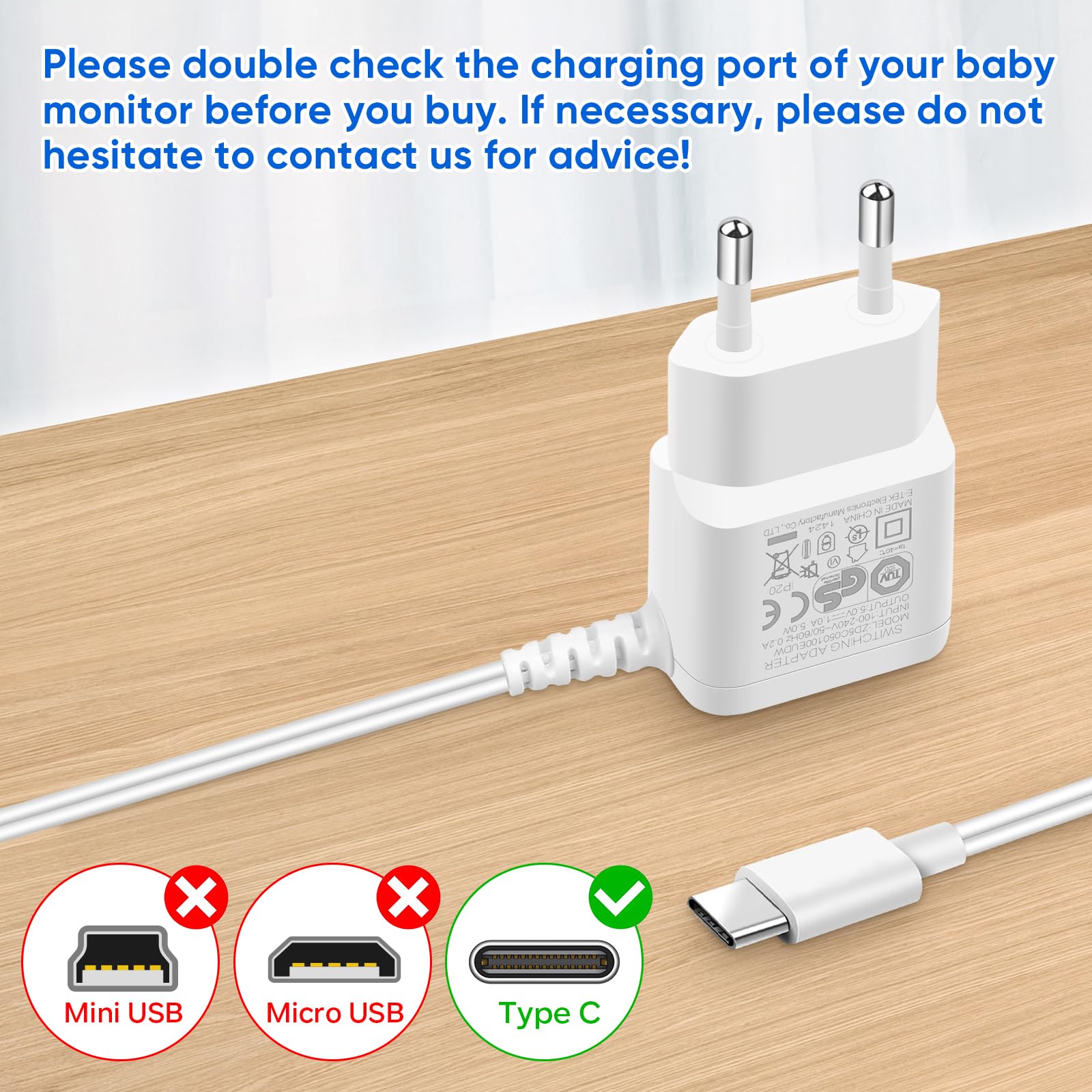 MYPIN 5V 1000mAh Alimentatore Baby Monitor con Cavo 2,5m Caricabatteria