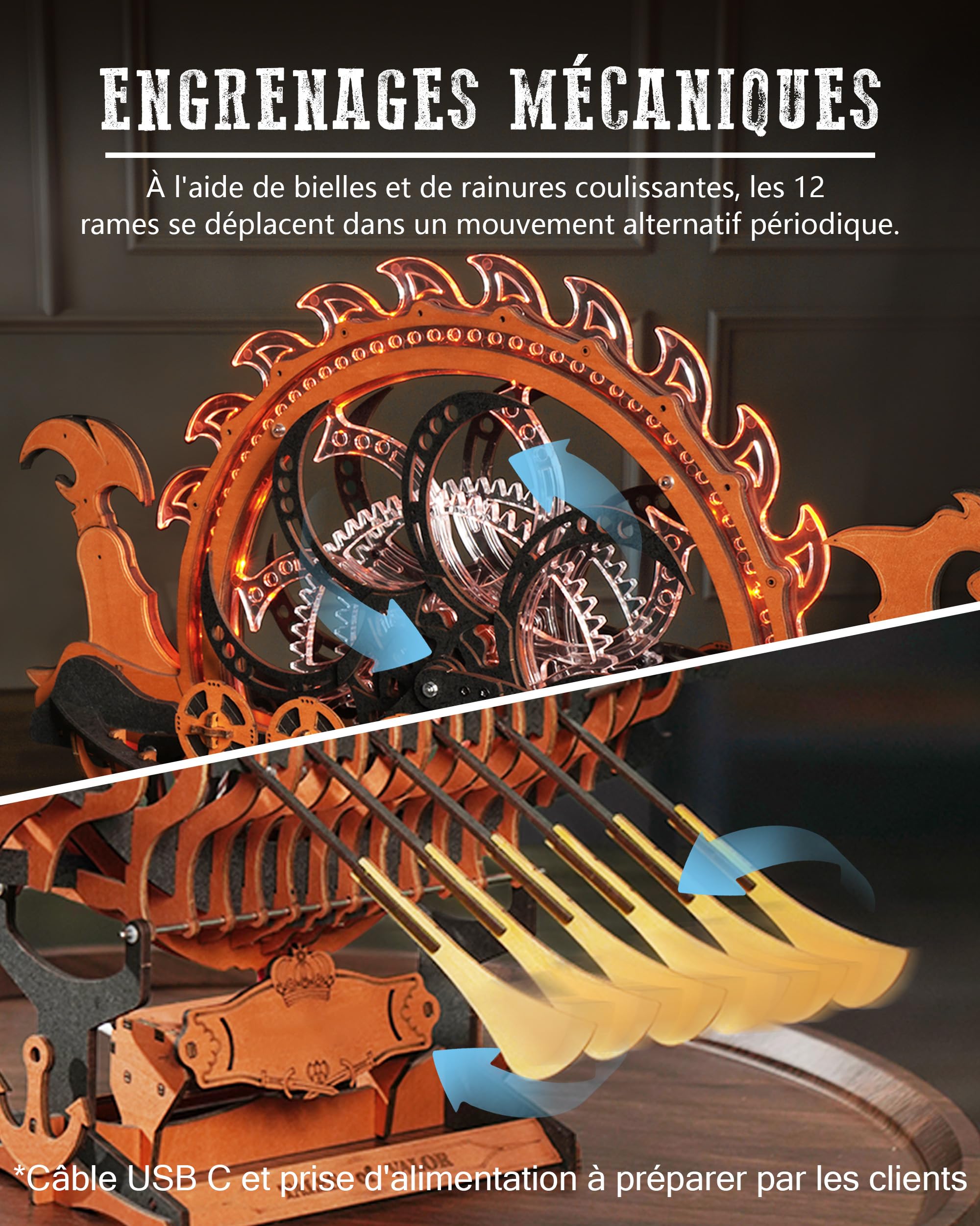 ROBOTIME 3D Puzzle Wooden Model to Build, Dragon Boat Model Construction Adult, Viking Dragon Ship with Motor and LED Lights, Mechanical Gear Drive