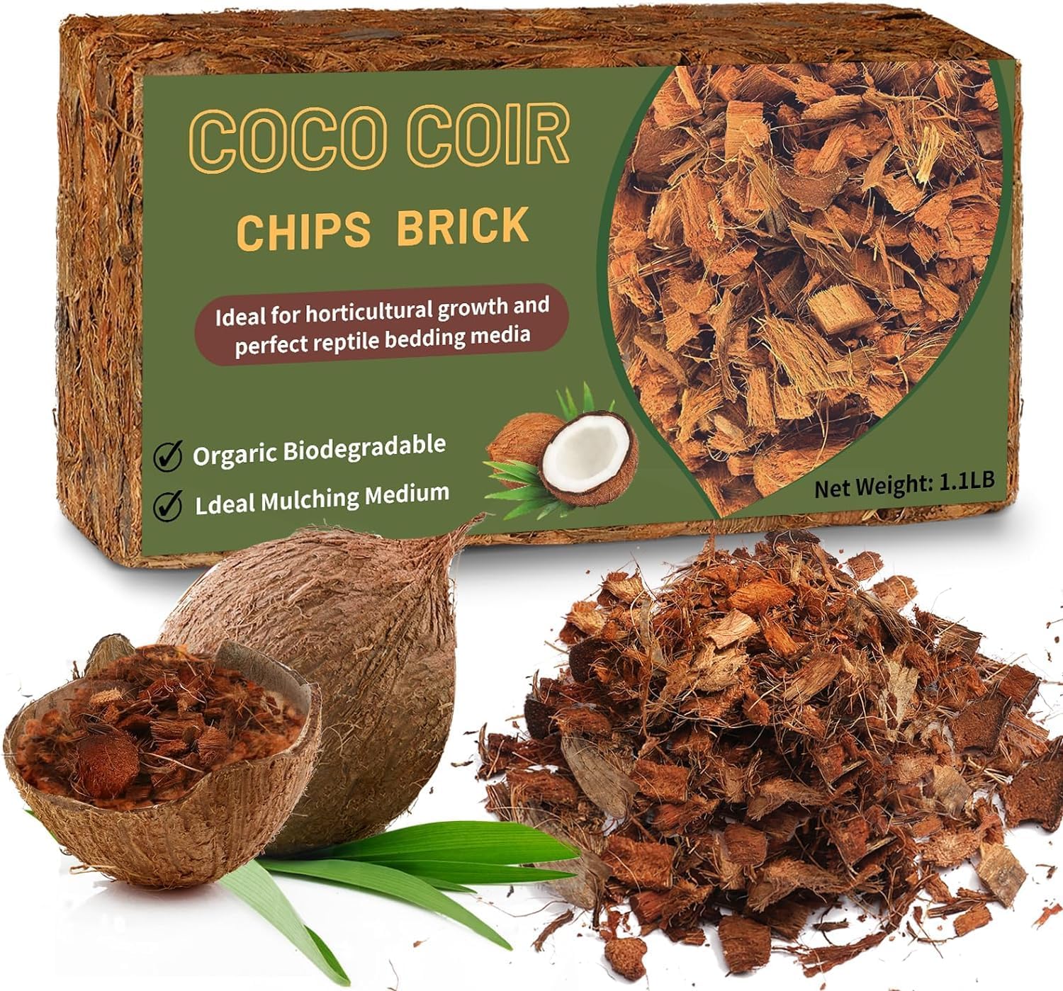 Coco Chips Substrate 1.1 LB, Organic Coconut Husk Brick with Low EC and pH Balanced, Easy to Expand Coco Coir Mulch Medium for Garden Flowers & Reptile Bedding (1 Pcs)