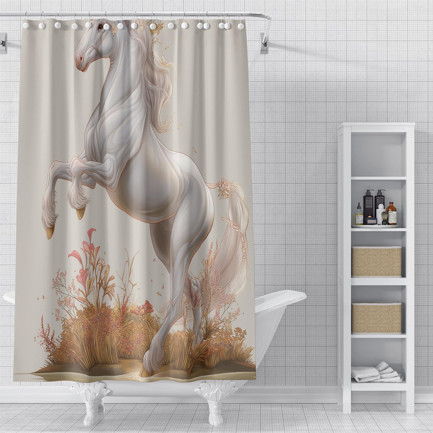 Cortina de Ducha con Diseño de Animales,Diseño de Unicornio Blanco con Estampado Floral,con Ganchos de Plástico,Tela de Poliéster Impermeable para Baño,240Anx200Alcm (1 Panel).