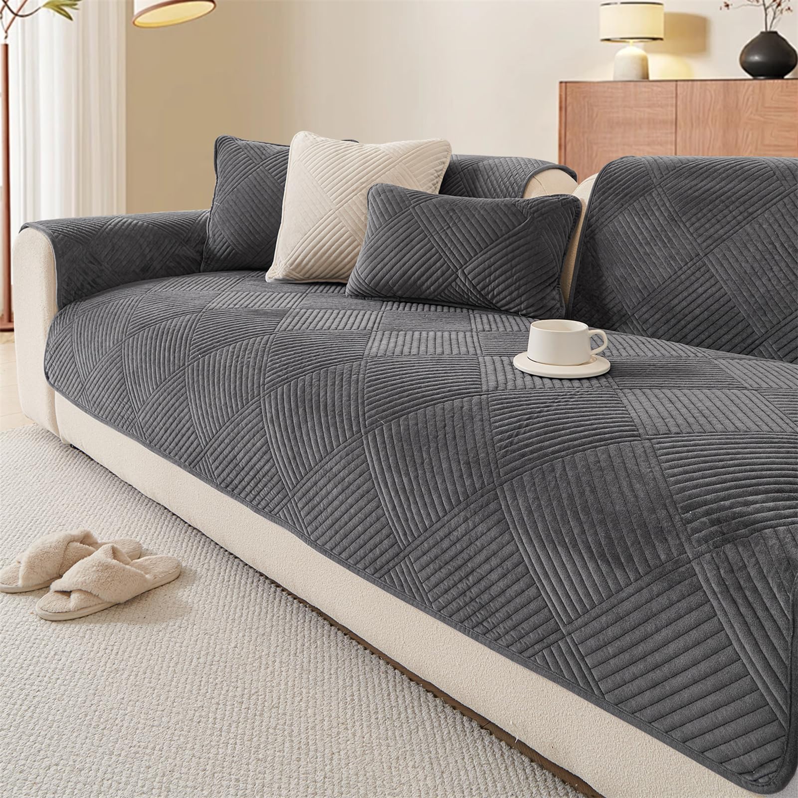 LINGKY Thick Sofa Covers Washable - Soft Milk Velvet Sofa Cover 2 3 4 Seater, Non-Slip Sofa Slipcovers, Sofa Cushion Covers Pet Couch Covers Furniture Protector for Living Room, Dark Grey,110x240cm — image 1
