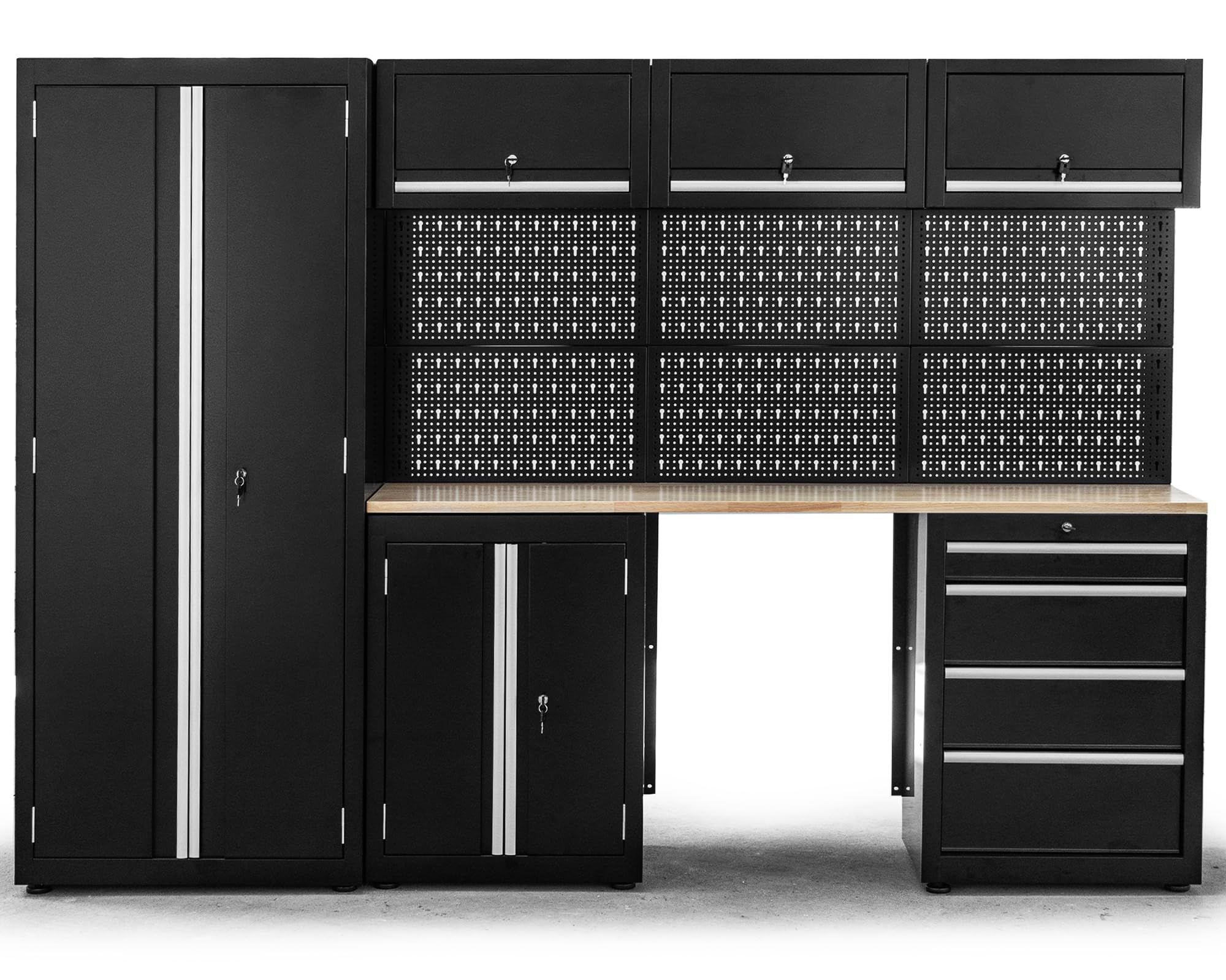 Ondis24 XL Werkstatt Komplett Set 260cm vormontierte Männerküche Werkstattrichtung modular mit Holzarbeitsplatte, Werkzeugschränke, Werkbank mit Schubladen (9 TLG.)