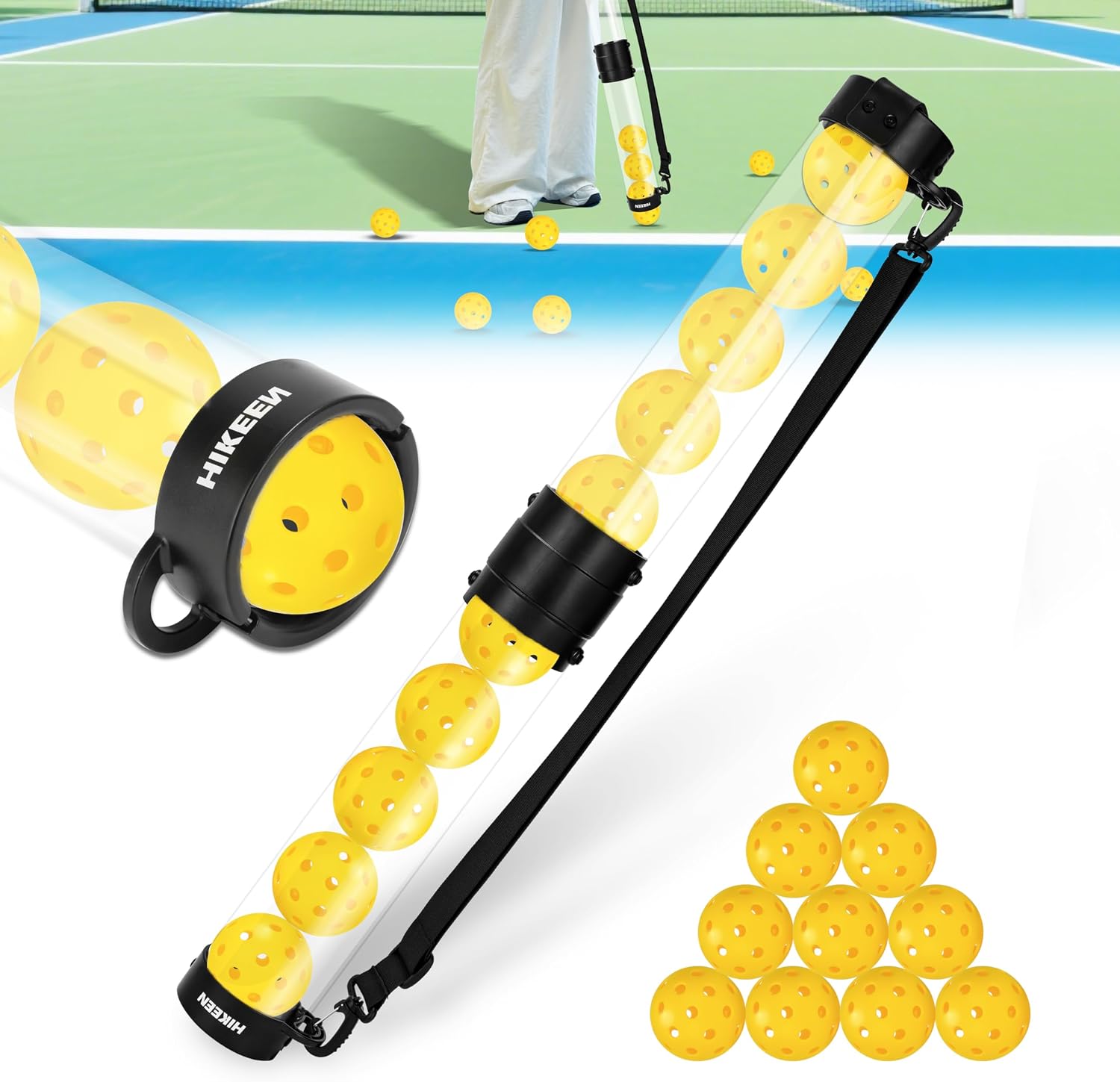 Hikeen Durable Pickleball Ball Retriever with 10 Pickleballs,Quick Pickup & Storage Pickleball Tube with Shoulder Strap for Pickleballs Accessories - Includes 10 Balls