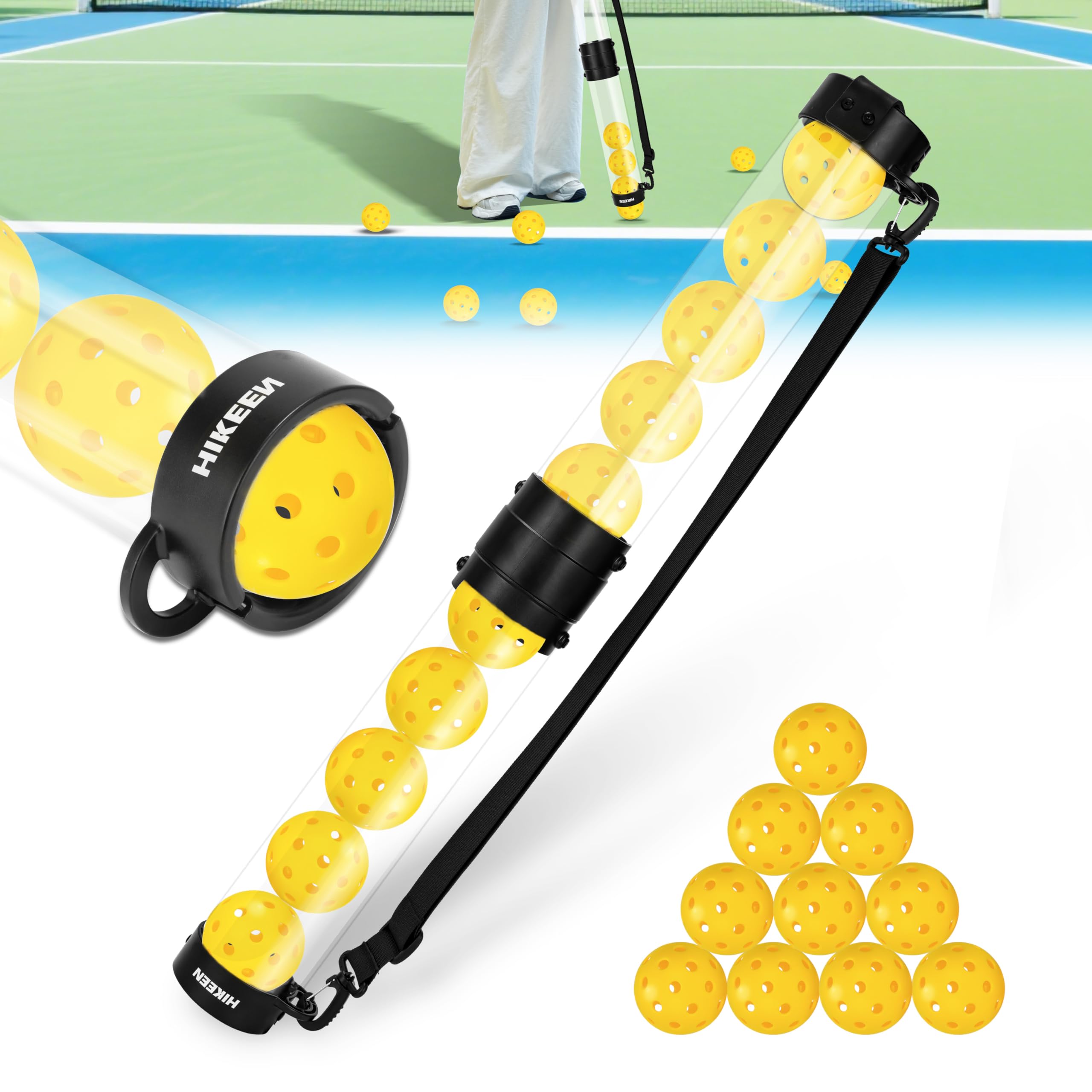 Hikeen Resistente palla da pickleball retriever con 10 Pickleball, tubo per pickleball rapido e stoccaggio, con tracolla per accessori per pickleball, include 10 palline