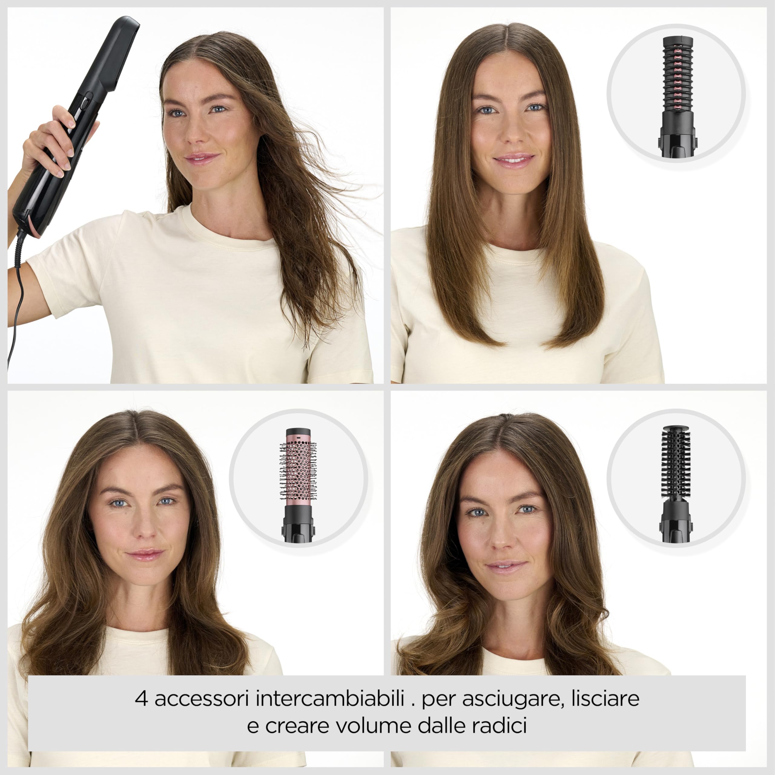 BaByliss Spazzola ad aria, 4 accessori intercambiabili per lisciare, modellare e dare volume, funzione anti-crespo, 2 temperature + aria fredda, AS126E