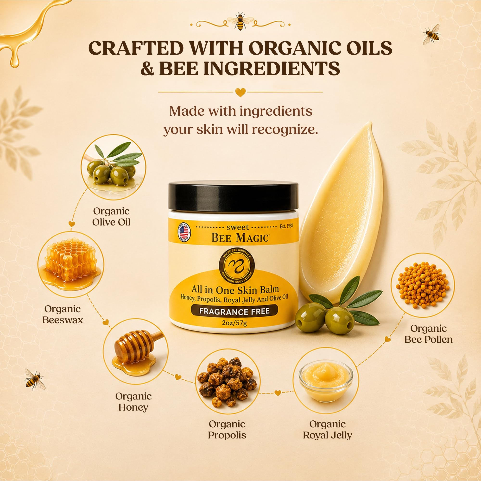 Sweet Bee Magic Organic Honey Bee Balm for Face, Skin & Body - All in One Honey Balm - Beeswax Body Moisturizer - All Natural Aid - 1 jar (2oz) Product Image 2