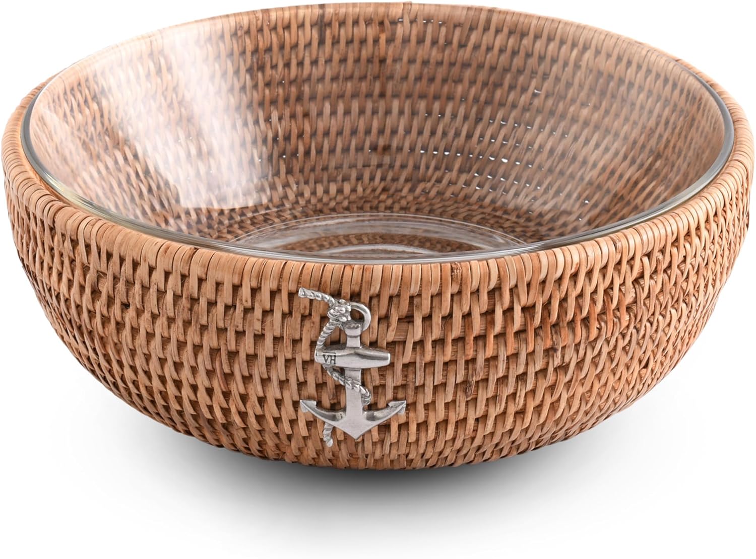 Vagabond House Handmade Eco-Friendly Rattan Serving Bowl with Pewter Anchor and Removable Glass Dish - Classic Stylish Fruit Basket for Kitchen, Ideal for Beach House Fruit Salads and Fruits