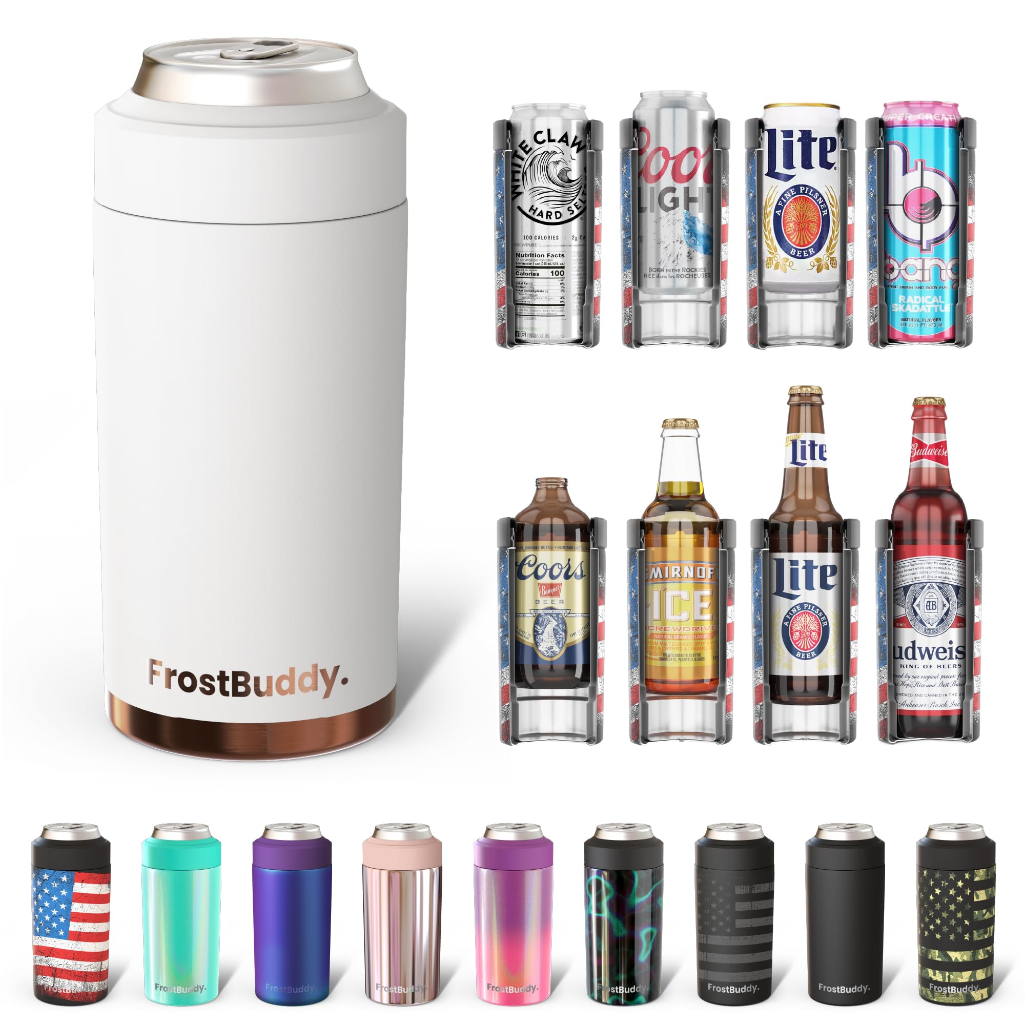 Frost Buddy Universal Can Cooler - Fits All - For Regular 12 & 16 oz or Slim-Size Bottles - Insulated Double-Walled Stainless Steel (Copper Kiss)