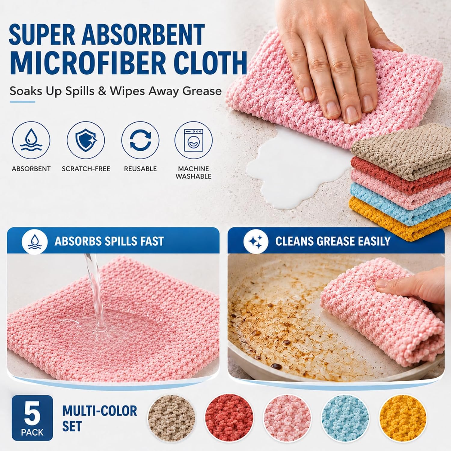 Cute Cat Dishwashing Sponges 5 Pcs Set with 5 Cleaning Dish Cloths.Household Kitchen Cleaning, Compressed dishwashing Sponge, Wood Pulp Cleaning Sponge