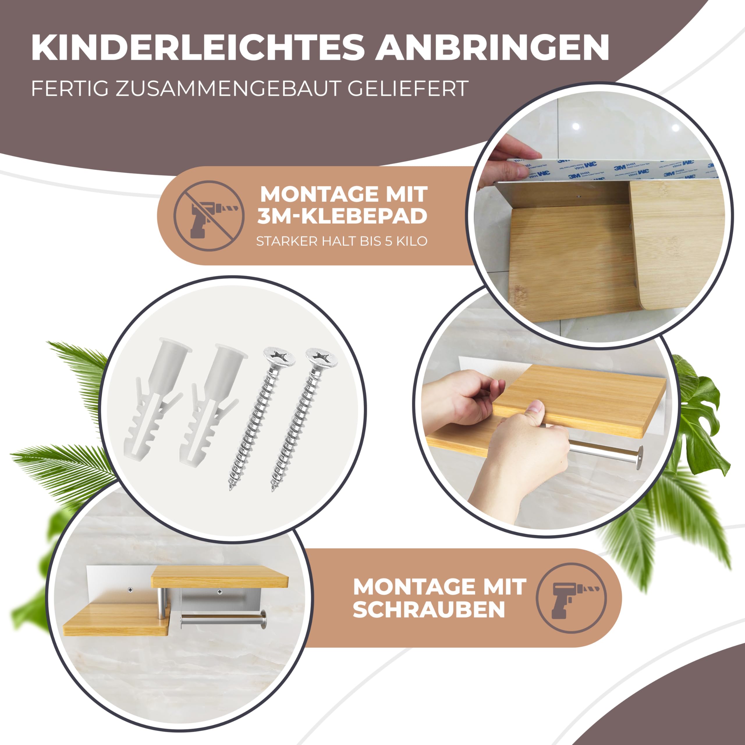 ElbFuchs® Toilettenpapierhalter Holz Bambus [KLEBEN oder Bohren] | hochwertiger Klopapierhalter ohne Bohren mit Ablage | Edelstahl | Klorollenhalter | WC Rollenhalter