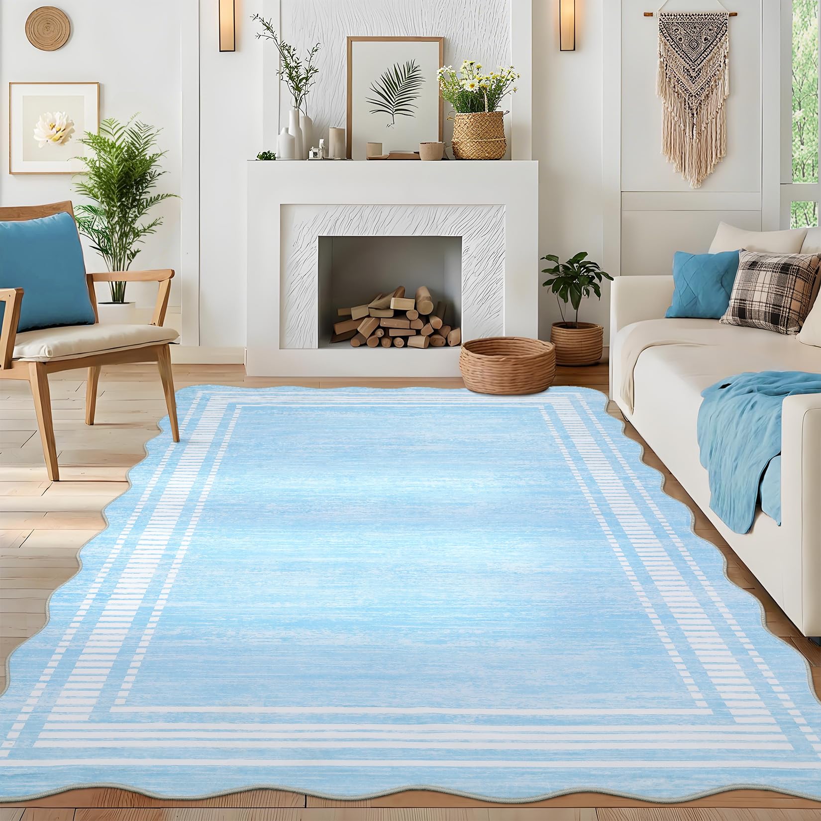 Area Rug 200x290cm Living Room Rug Modern Bordered Soft Large Area Rugs for Bedroom Washable Checkered Dining Room Throw Carpet Non Slip Stain Resistant Geometric Rugs for Home Office, Light Blue