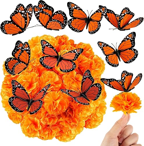 120 cabezas de flores de caléndula con decoraciones de mariposa monarca, guirnalda de caléndula para bodas, fiestas, día de los muertos,