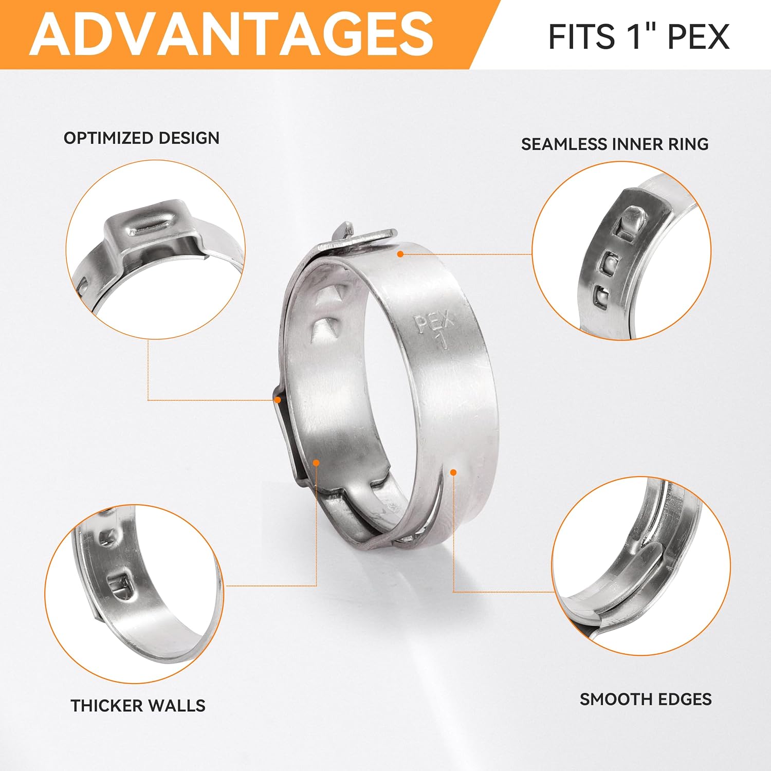 60PCS 1 Inch PEX Cinch Clamps, 304 Stainless Steel Single Ear Hose Clamps for PEX Tubing & Pipe Fittings, Leak-Proof and Rust-Resistant