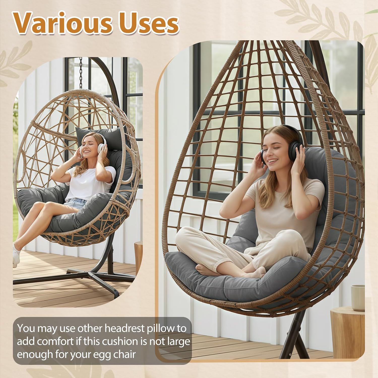 1 MIDDLE ONE Egg Chair Cushion, Indoor Outdoor Hanging Egg Chair Cushions Replacement, Memory Foam Patio Wicker Basket Swing Chair Cushion (Grey, 47 x 33 inch)