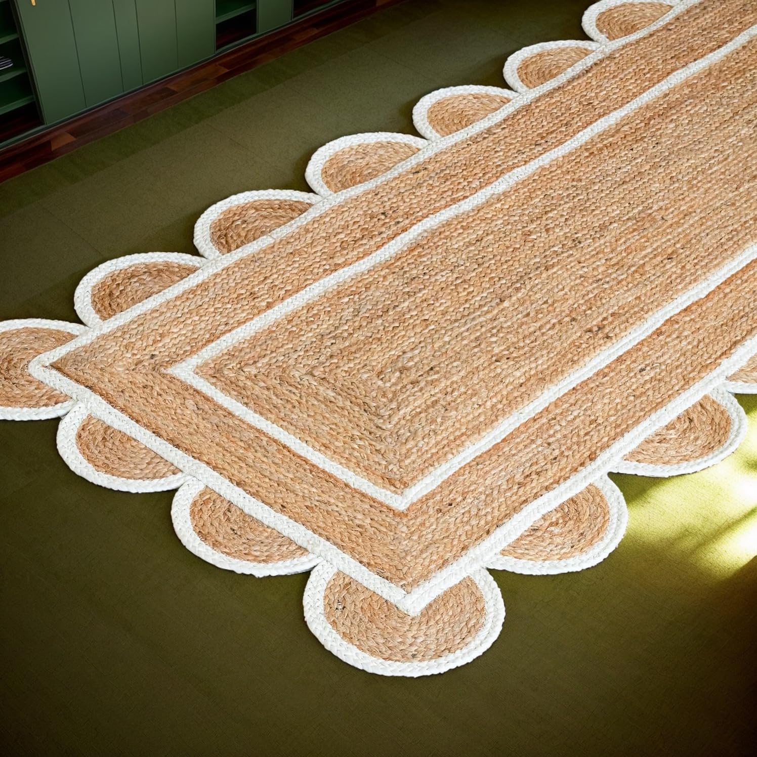 INDACORIFY Tappeto in juta naturale intrecciato a mano smerlato con bordo bianco Tappeto in juta fatto a mano Tappeto naturale intrecciato a mano (76 x 244 cm)