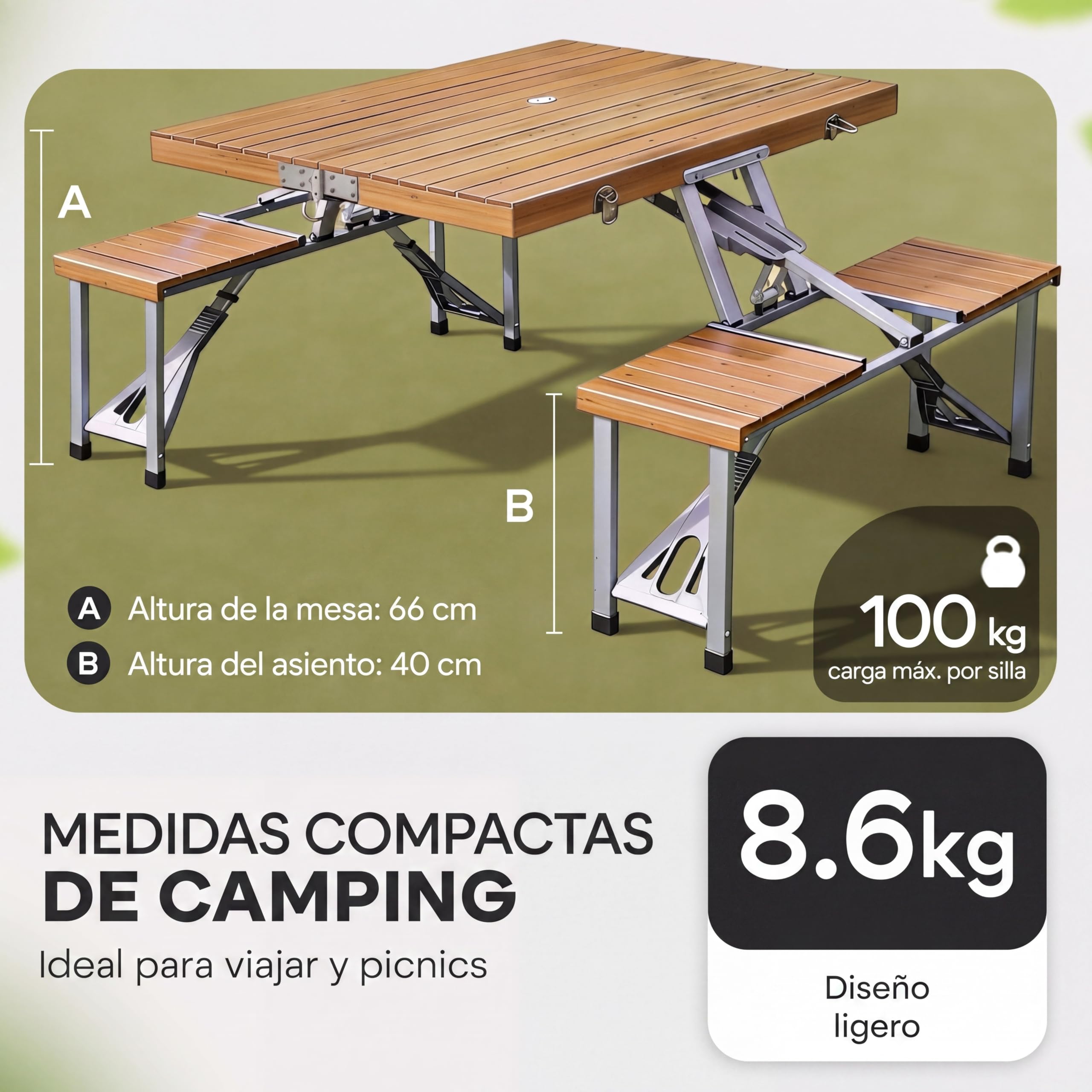CASARIA® Set de Mesa Plegable Camping y 4 Asientos Madera Función Maleta Compacta Asa de Transporte Orificio para Sombrilla Resistente Intemperie Ideal Picnic Acampada Vacaciones Excursión Festivales