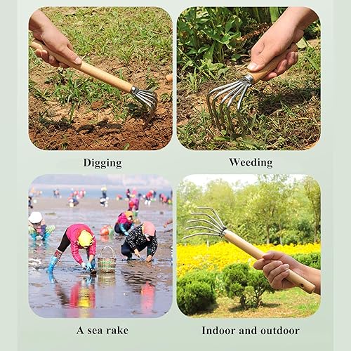 Miniatura 7 de Rastrillo de jardín cultivador de mano herramienta de jardín garra de acero inoxidable con mango de madera, 5 dientes, rastrillo de almeja,