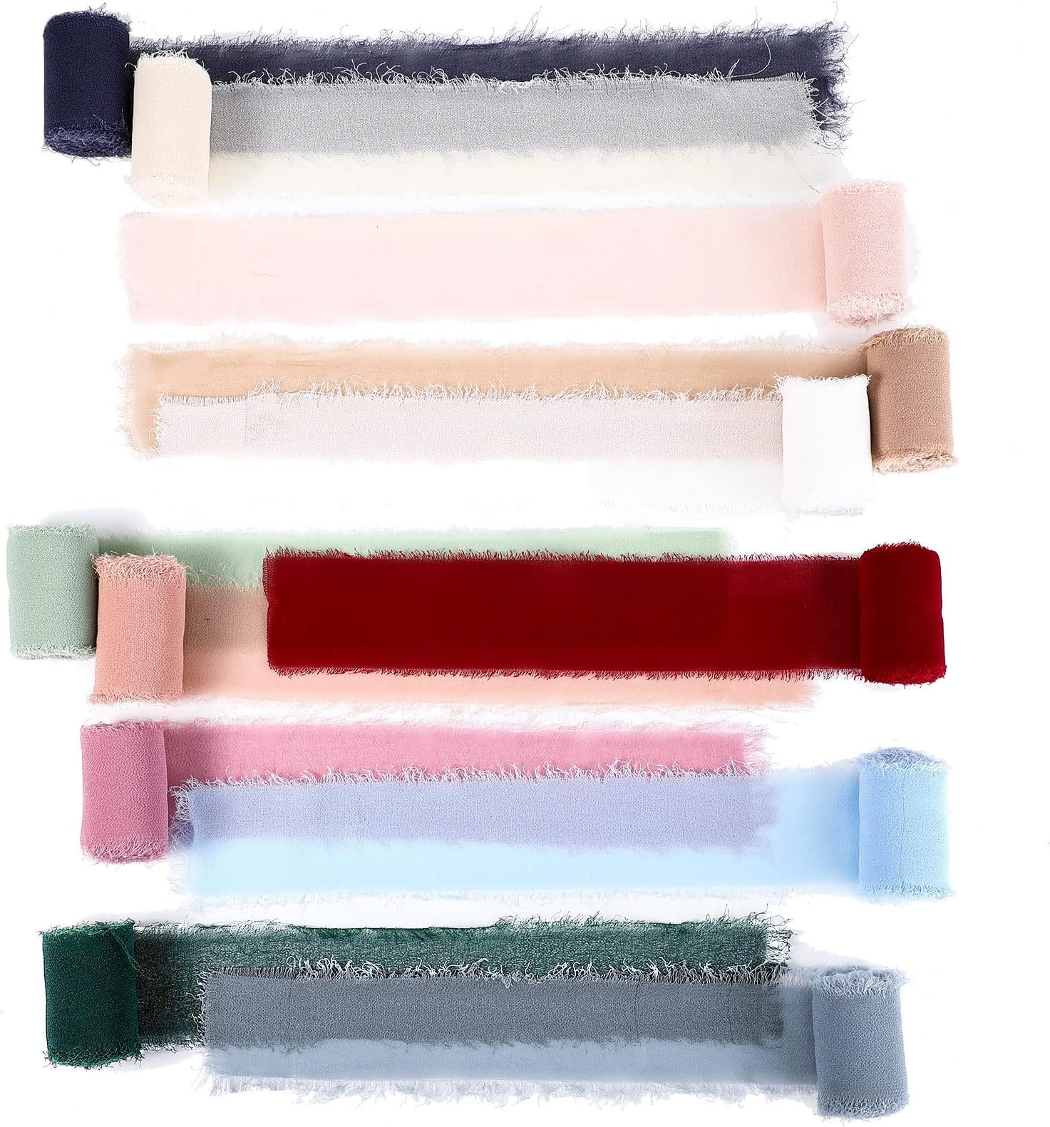 12 Rolls Handmade Fringe Chiffon Ribbon Chiffon Fringe Ribbon Handmade Chiffon Ribbon Silk Like Frayed Edges Ribbon for Wedding Invitation, Bouquets, DIY Crafts (1.5 Inches x 3 Yards, 12 Colors)