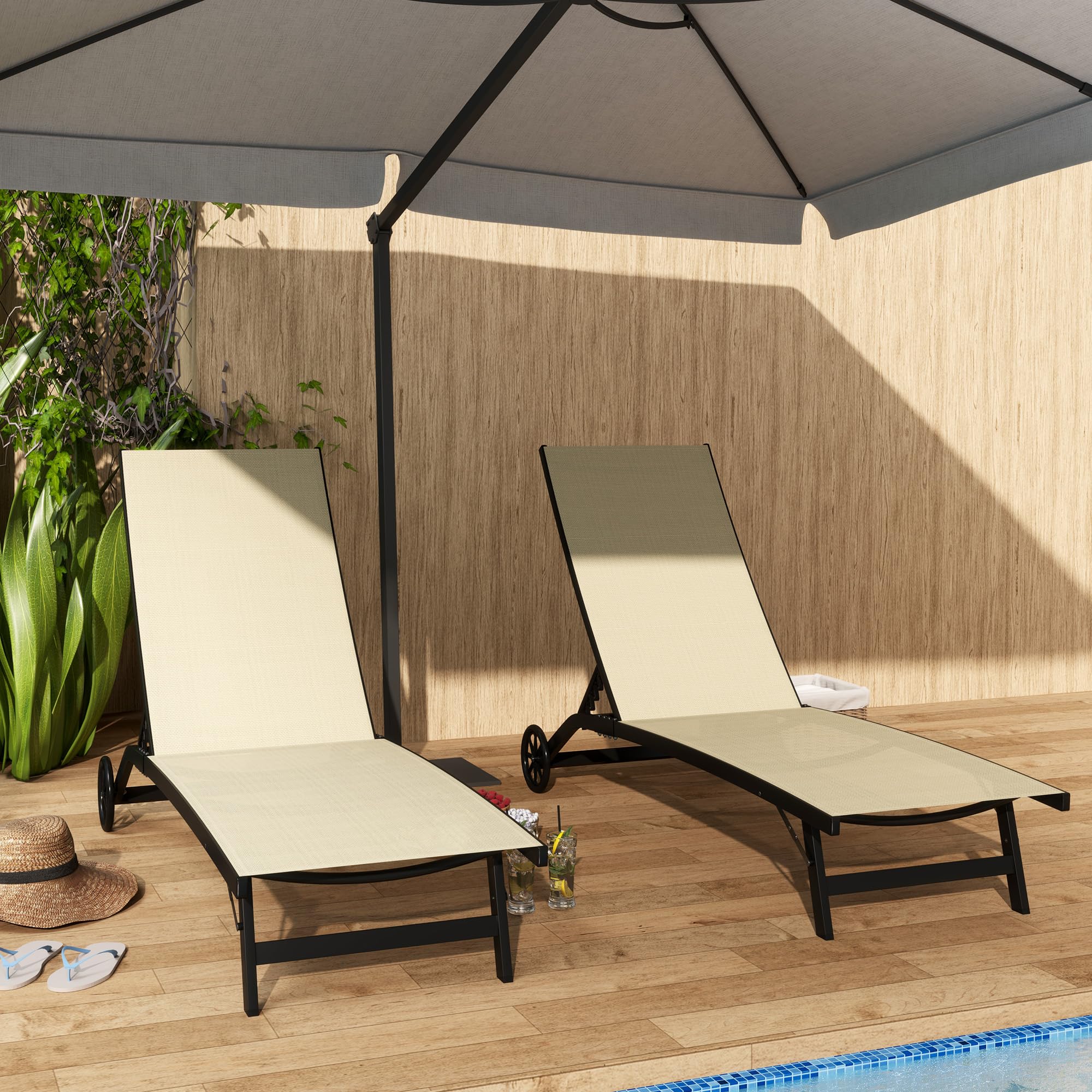 Outsunny Lot de 2 Bains de Soleil transat Chaise Longue inclinable en Aluminium et textilène avec roulettes Dossier Multipositions Charge Max. 150 Kg Kaki