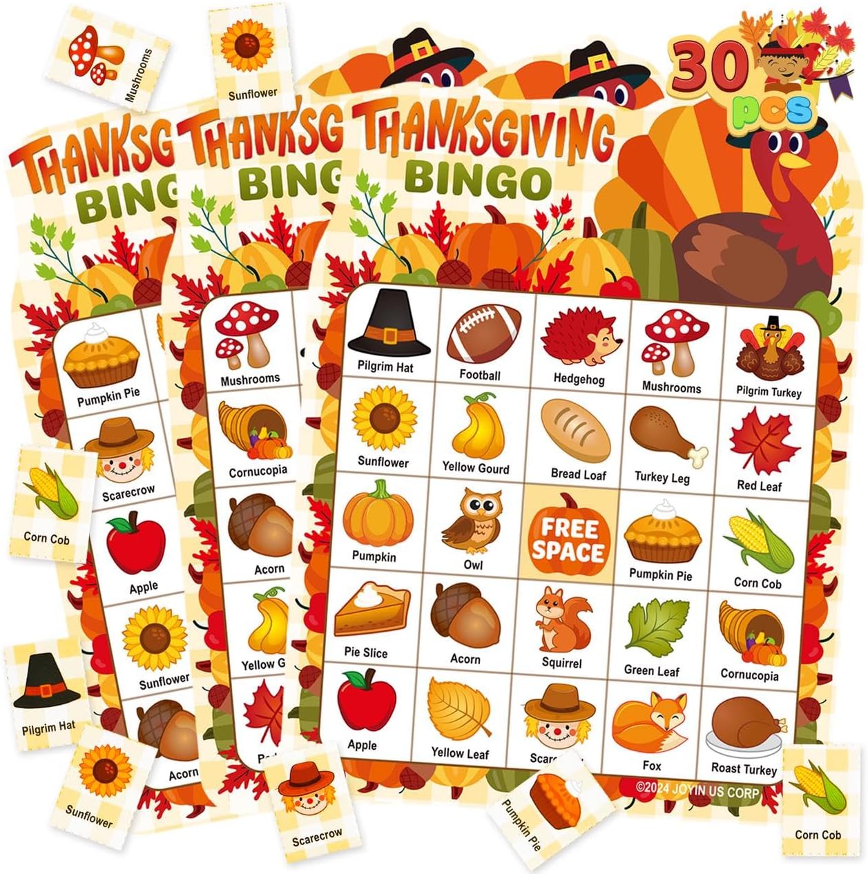 JOYIN 30 PCS Thanksgiving Bingo Game Cards for Kids Family Activities, Party Card Games, School Classroom Games, Turkey Party Favors Supplies, Crafts, Stickers & Fall Crafts