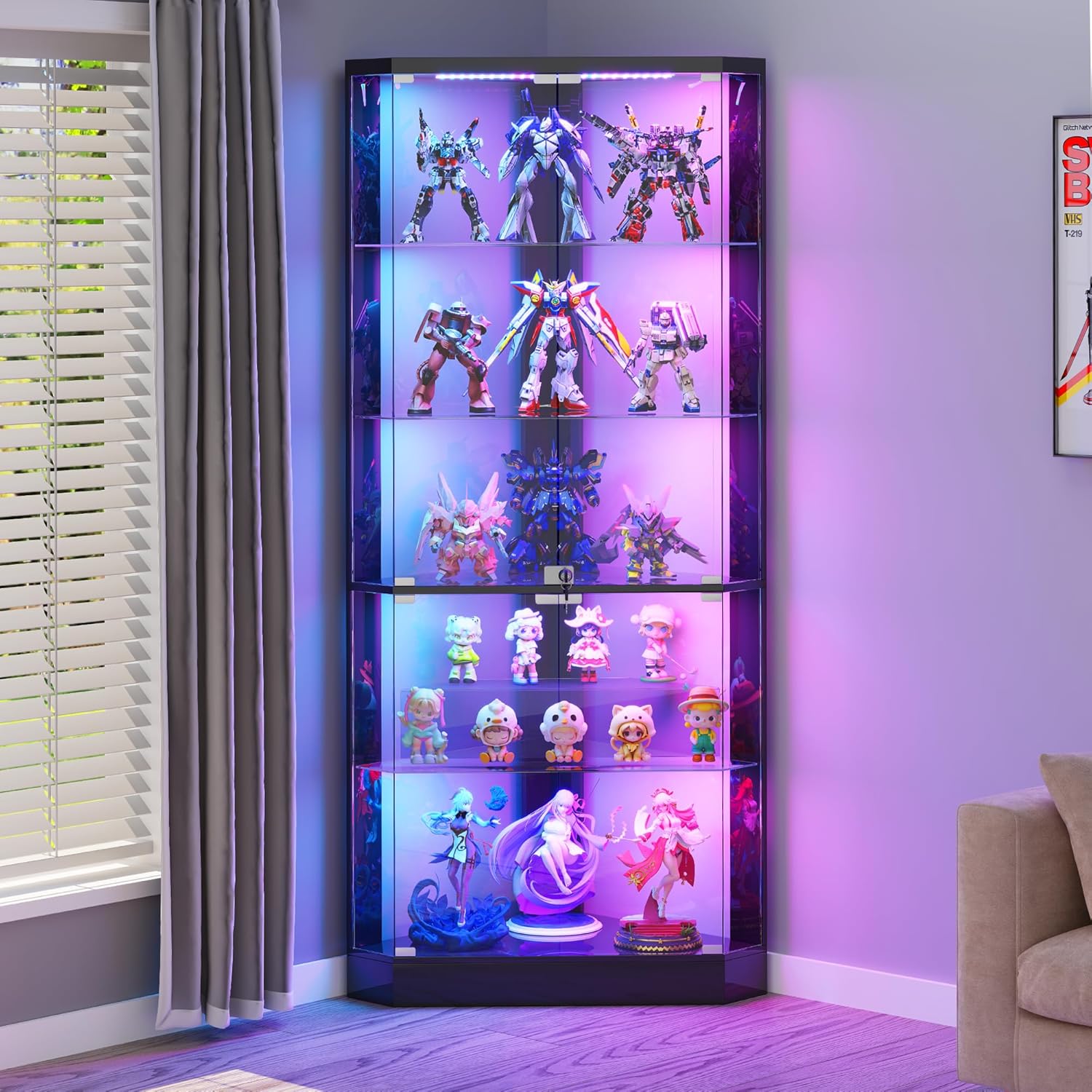 HNEBC Corner Display Case with - RGB Lights and Glass Shelves,5-Tier Corner Curio Cabinet with Glass Doors & Human Body Sensor,69" Showcase Display Cabinet for Collectibles,Living Room(Black)
