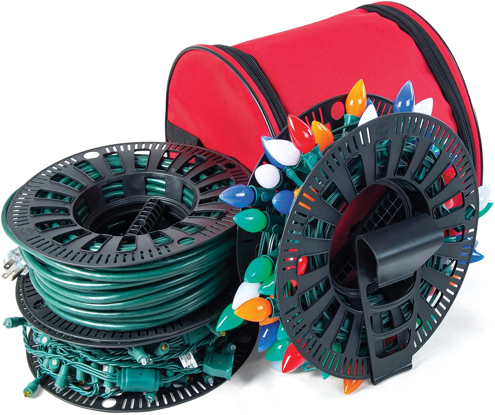 [Wire and Christmas Lighting Storage Bag] - Install N Store Light Storage Reels and Wire Spool - Includes 3 Spools, a Hanging Hook, and a Zipper Bag | Santa's Bags