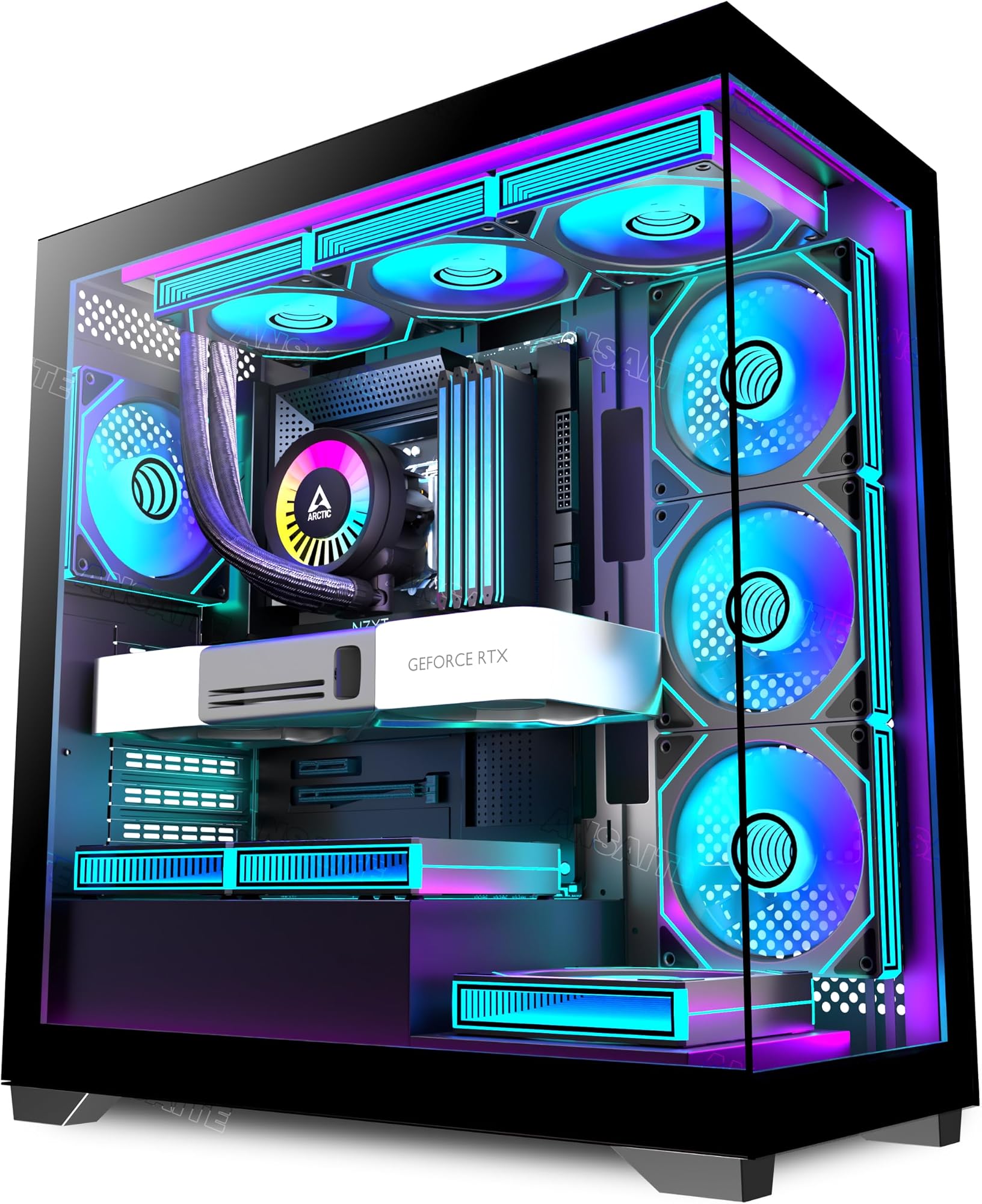 ANSAITE Mid-Tower PC Case - 7 × Pre-Installed 120mm PWM ARGB Fans,Panoramic Tempered Glass Computer Case with Type-C,360mm Radiator Support,Fits up to 10x 120mm Fans,Black: image 1 of 8