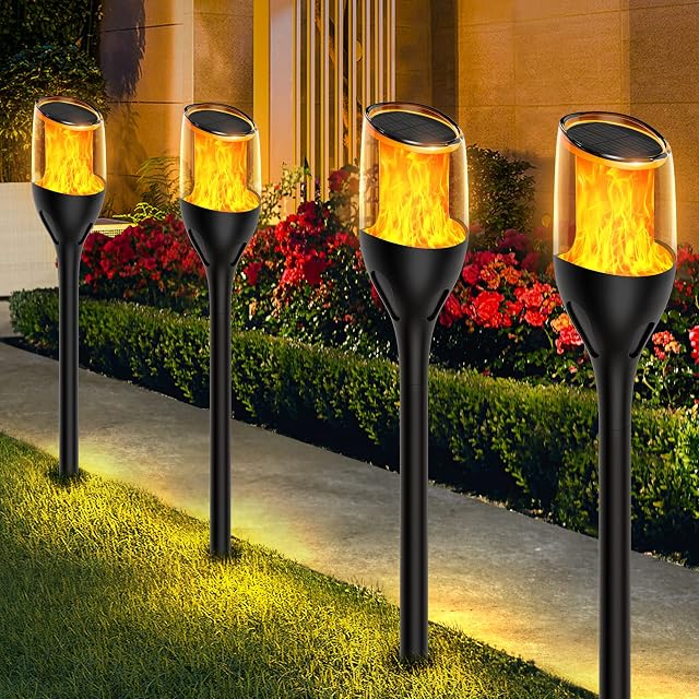 LETMY Solar Lights Outdoor Garden, 4 Pack Solar Torch Lights with Flickering Flame Bright Orange LED, Waterproof Garden Ornaments Outdoor for Pathway Patio Yard