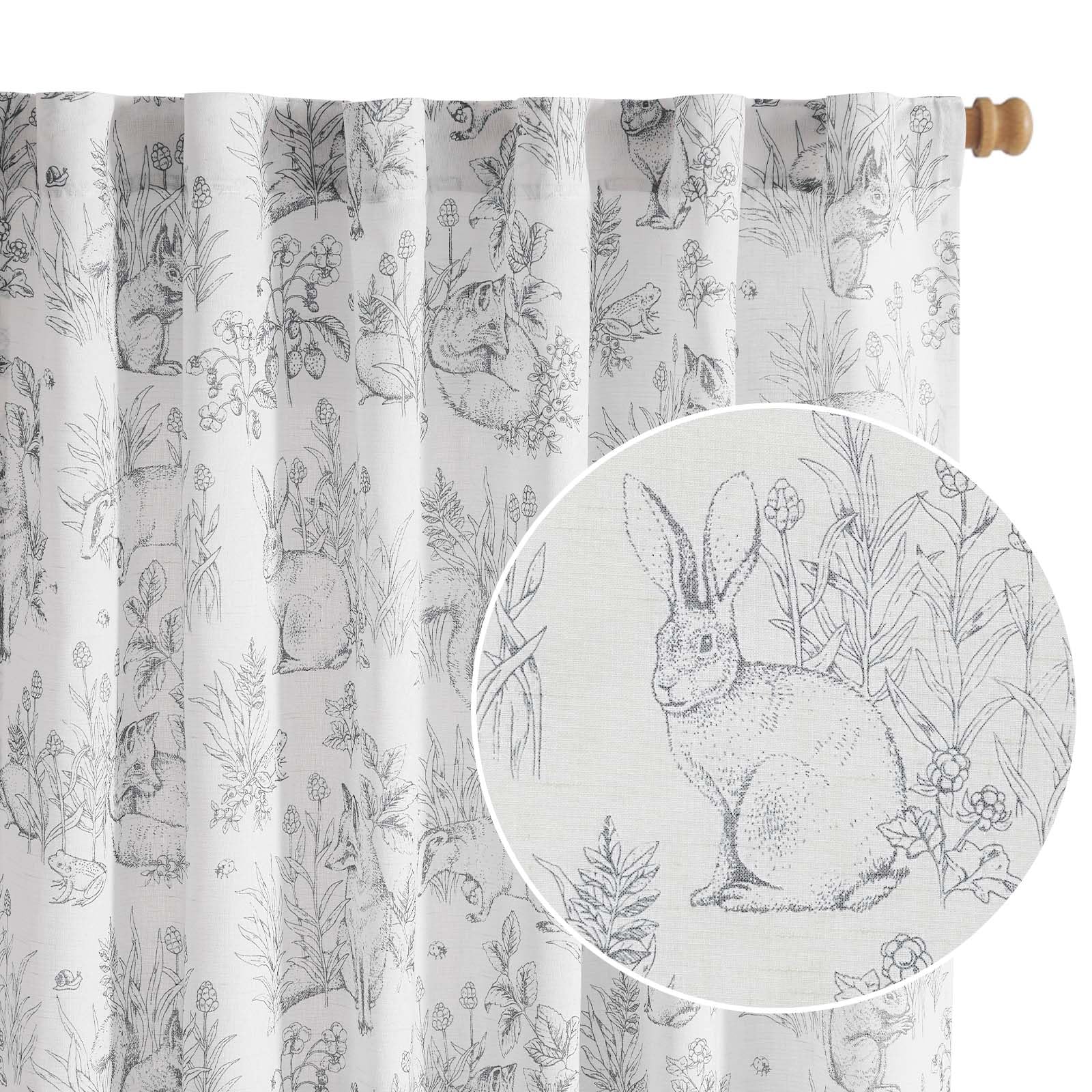 jinchan Linen Nursery Curtains 84 inch Long Woodland Wildlife Grey Print Drapes for Kid's Room Light Filtering French Country Farmhouse Gray Curtains