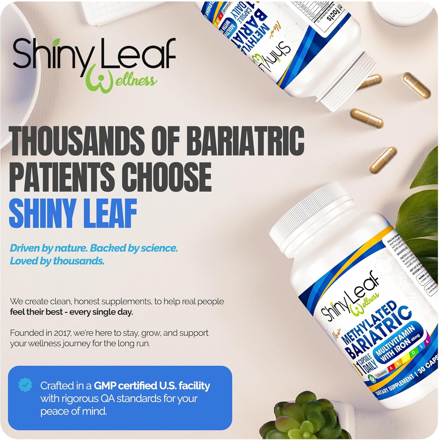 Shiny Leaf Methylated Bariatric Multivitamin with Iron 45mg – Once Daily Capsule, USA Made, ASMBS Compliant Bariatric Vitamins for Gastric Bypass & Gastric Sleeve, for Men & Women, GMP – 60 Caps - Image 8