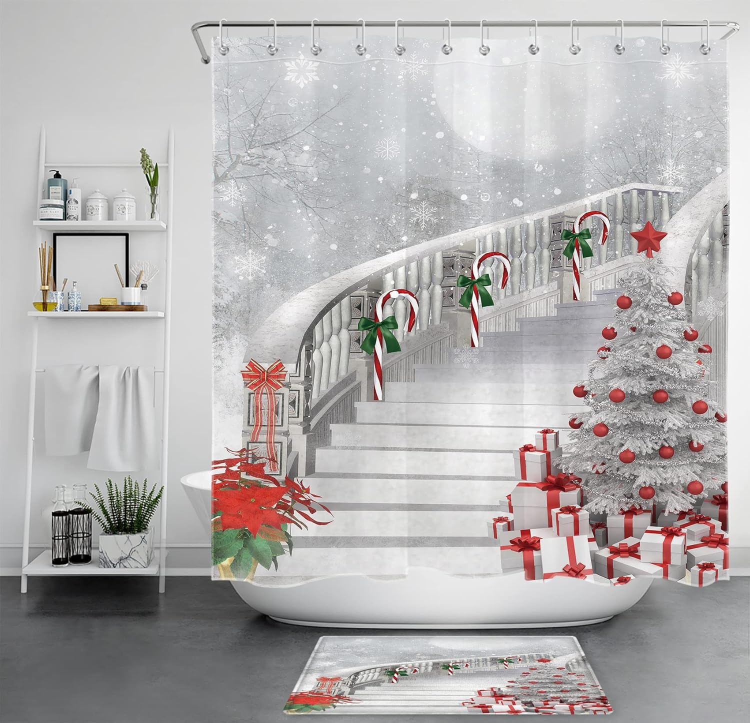 LB Merry Christmas Shower Curtain Sets with Non-Slip Rugs Red Xmas Balls on Christmas Tree Shower Curtain Set for Bathroom Winter Snowflake Candy Cane on Stairs Bathroom Decor Sets, 72X72 Inch