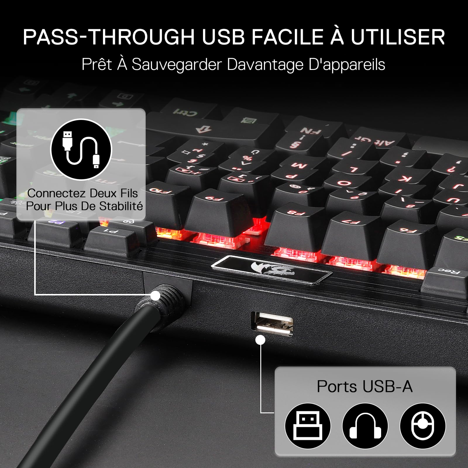 Redragon K550 Clavier Mécanique Filaire AZERTY RGB 12 Touches Macro | Switch Violet Cliquable 2 Ports USB Intégrés Repose Poignet Amovible 104 Touches Anti Ghosting Ergonomique
