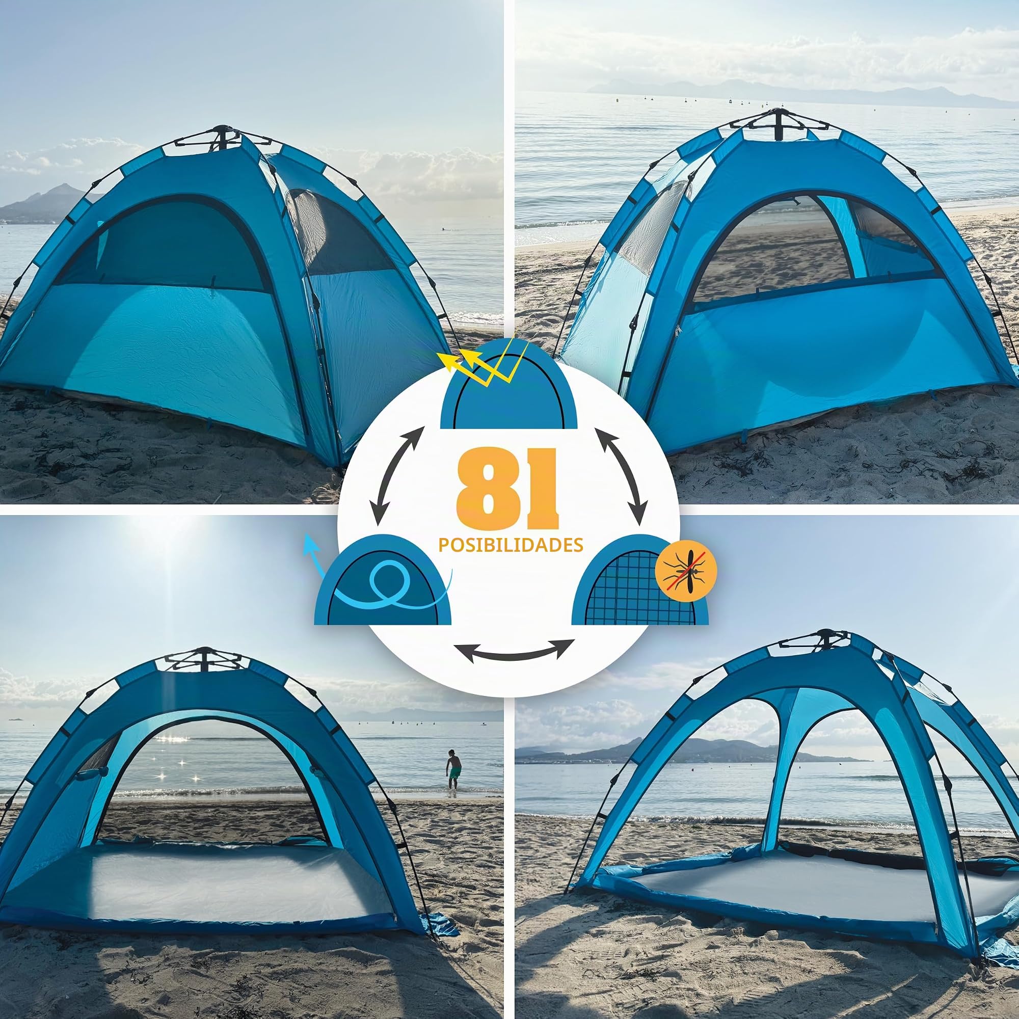outdoorer Sun Snapper Air - Refugio de playa con 4 puertas y 3 ventanas, montaje rápido, protección UV 80, protección visual y protección contra insectos