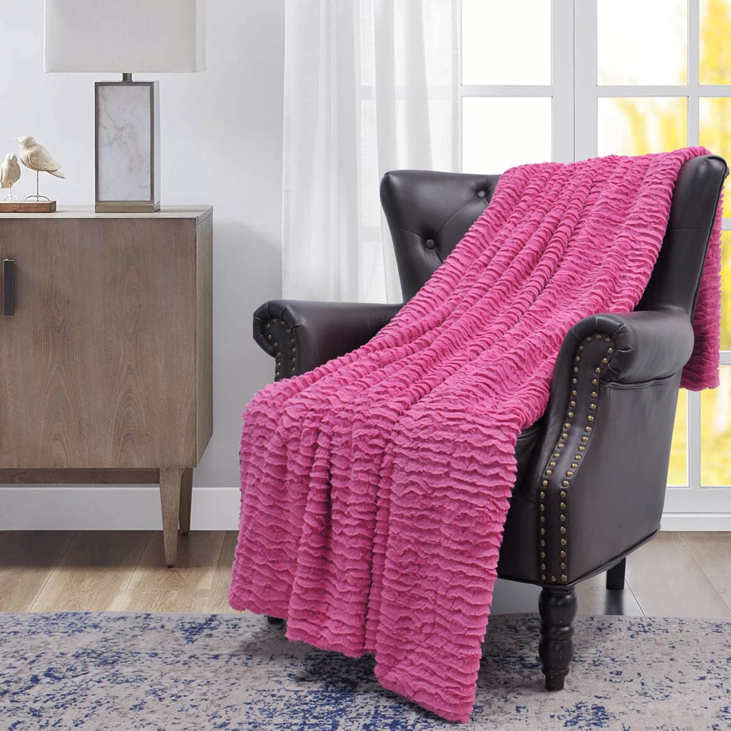 Cloud Striped Oversized Faux Fur Plush Throw Blankets with Rippled/Pleated Design, Super Soft Warm Cozy Fluffy Fuzzy Luxury Throw for Couch Sofa Chair Bed Cover, 60 x 70 in, Rose Pink