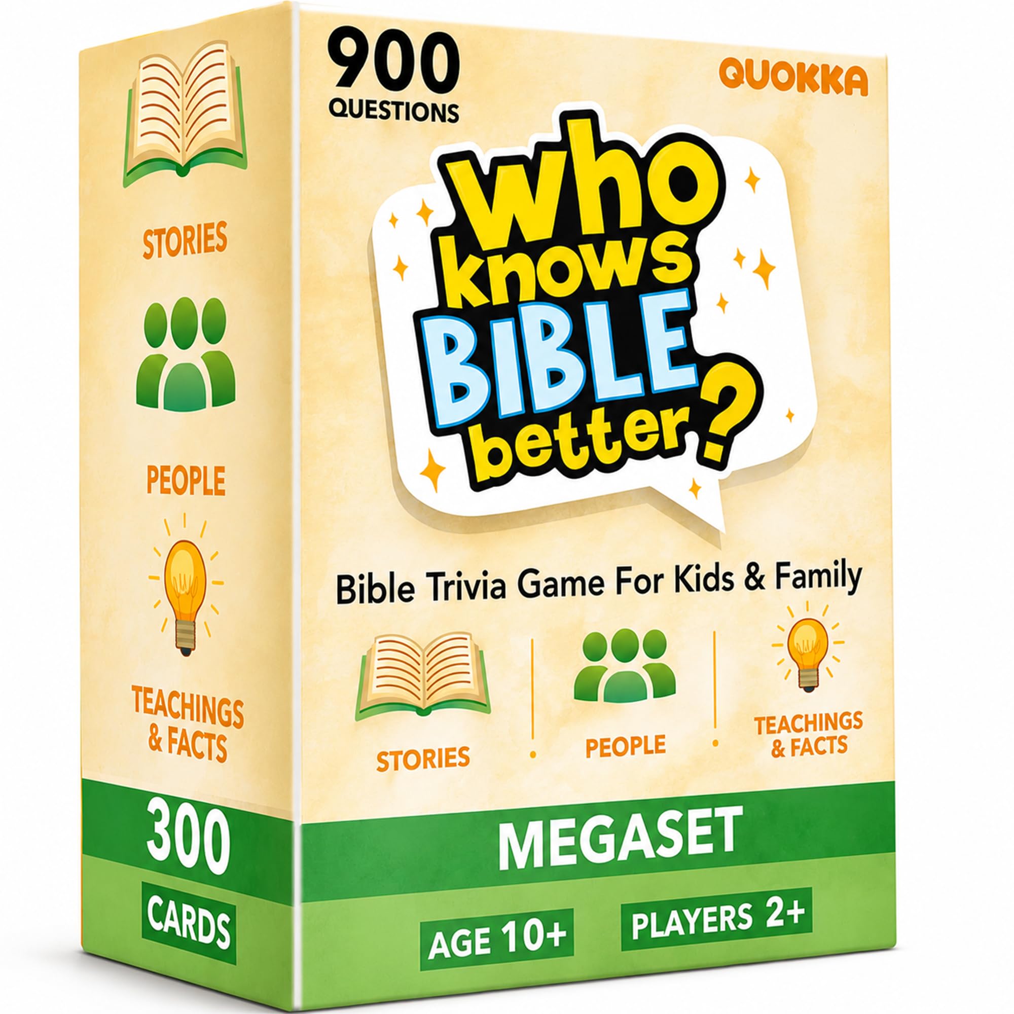 Quokka Who Knows Bible Better – Bible Trivia Card Game Set with 300 Cards and 900 Faith-Based Questions for Family Nights, Sunday School, and Homeschool