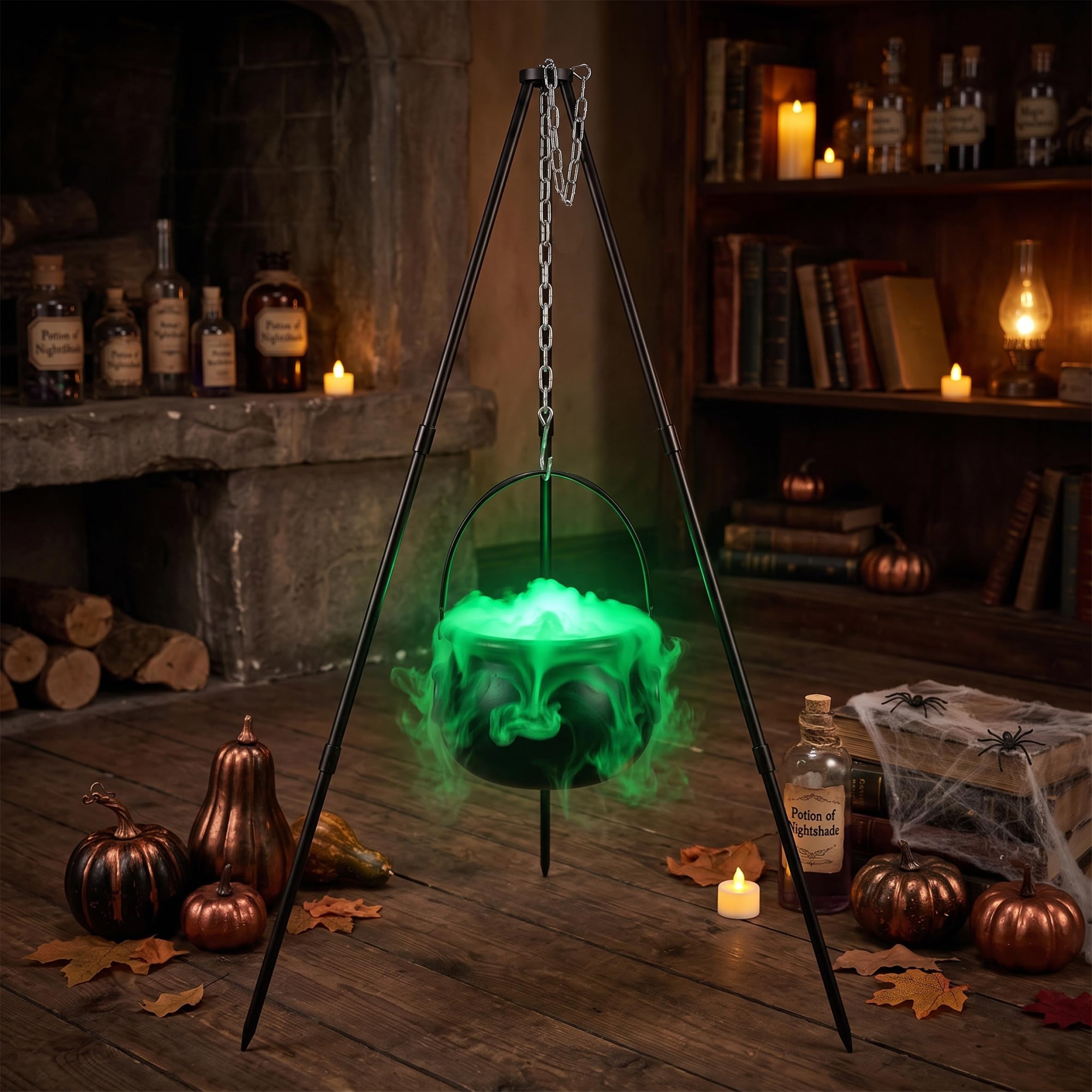 Chaudron de sorcières décor d'halloween avec Bande LED Verte et Coton PP, Chaudron d'halloween avec trépied |., 30, 71 Pouces de Hauteur, 7, 87 Pouces diamètre.