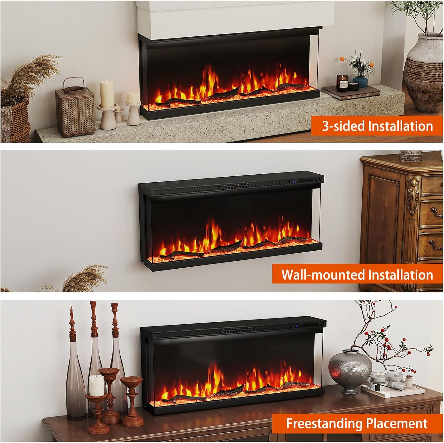 SIMOE 3 Sided Electric Fireplace, 40 Inch Fireplace Inserts, 12 Color Flame Effect - 1500/750 Watt Recessed Fire Places Heater - Remote Control - Log & Crystals